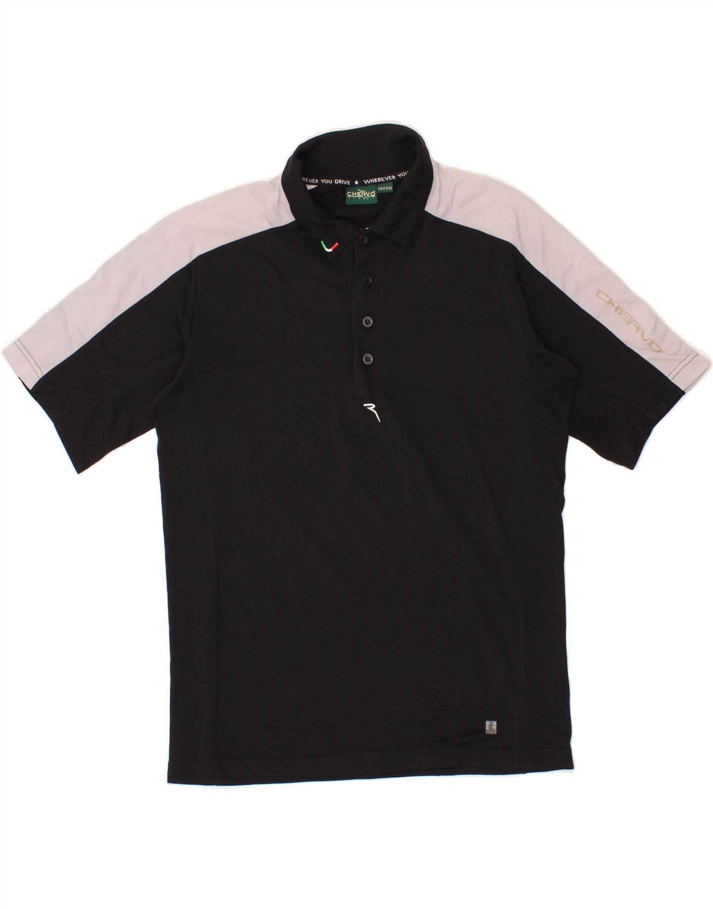 image of CHERVO Mens Graphic Polo Shirt IT 50 Medium Black Colourblock Polyamide