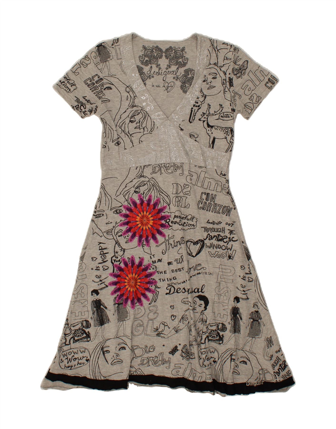 Image of DESIGUAL Womens Graphic A-Line Dress UK 12 Medium Grey Cotton