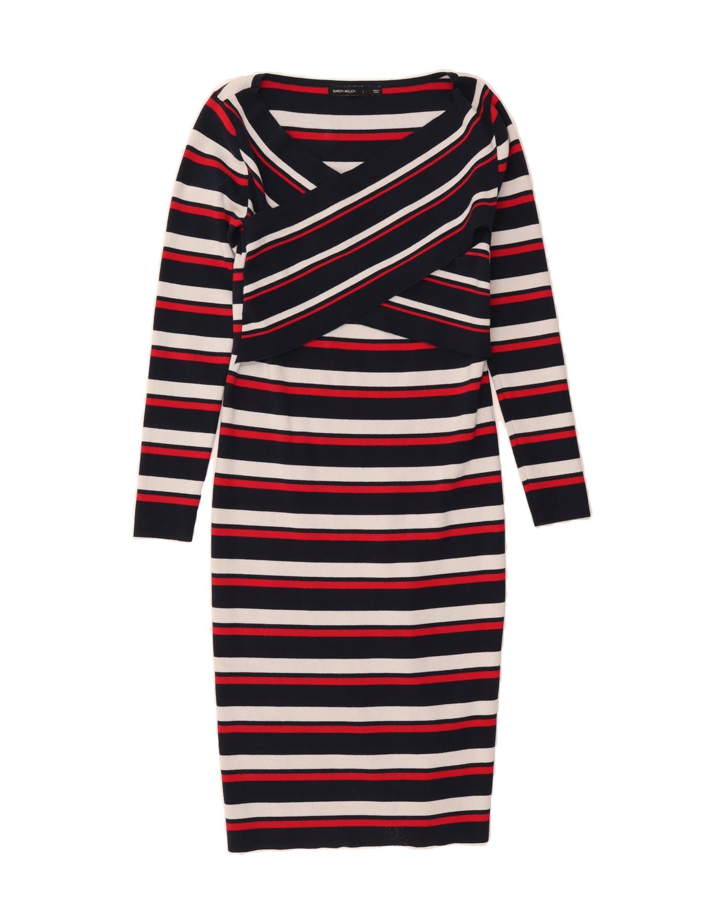 image of KAREN MILLEN Womens Bodycon Dress UK 14 Large Navy Blue Striped