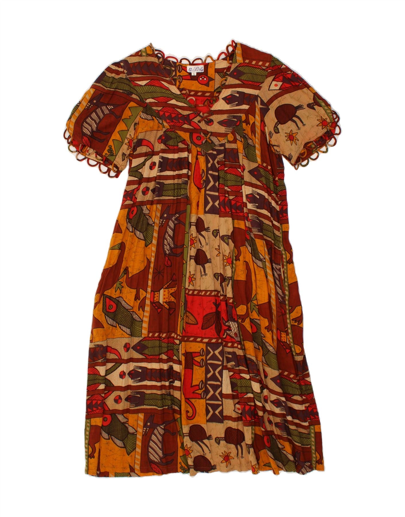 Image of A PERLA Womens Abstract Pattern A-Line Dress EU 38 Medium Brown