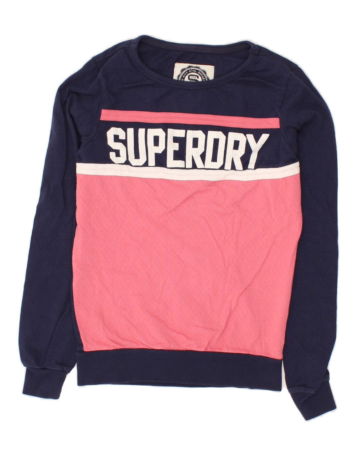 Image of SUPERDRY Womens Graphic Sweatshirt Jumper UK 6 XS Navy Blue Colourblock