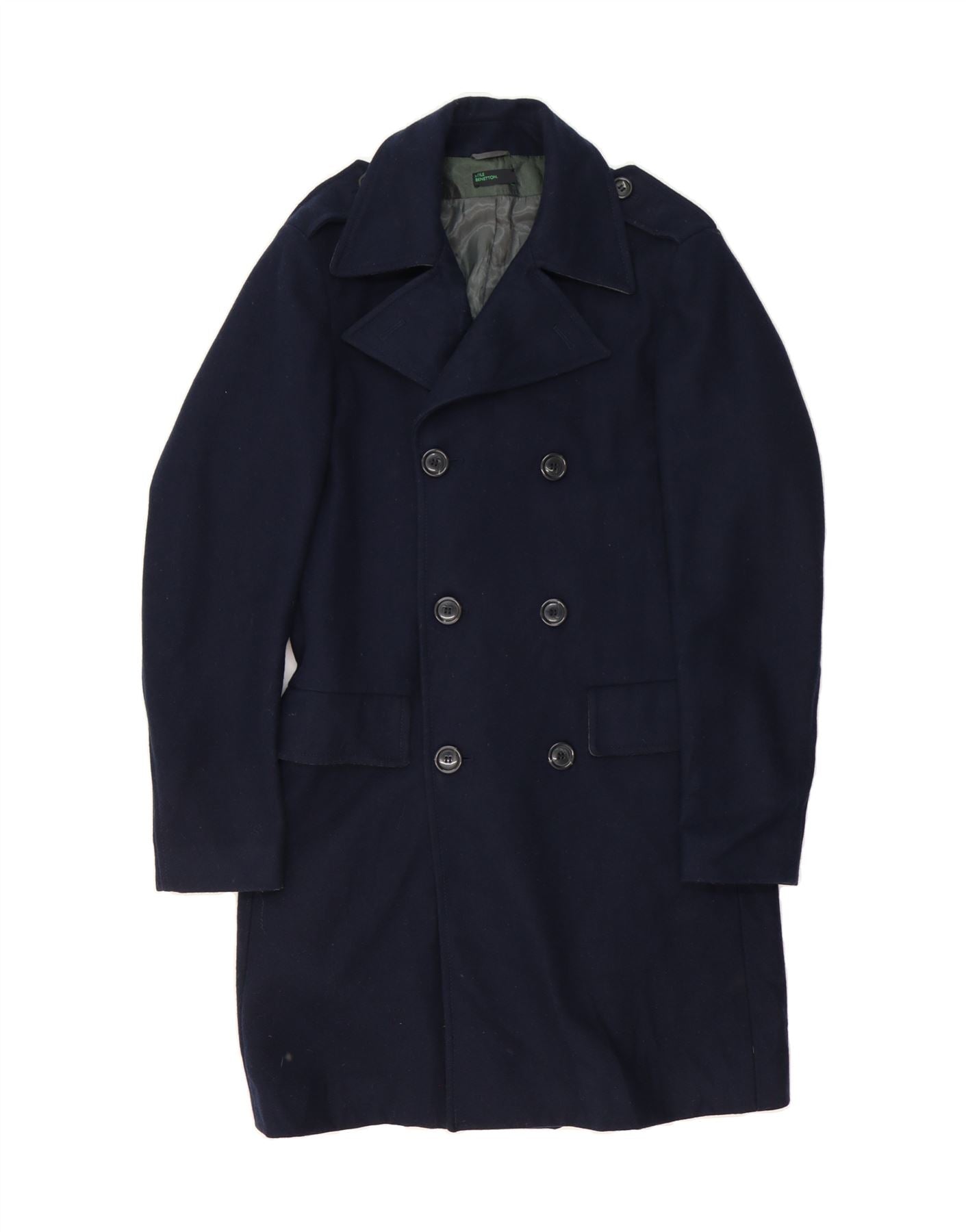 image of BENETTON Mens Double Breasted Coat IT 46 Small Navy Blue Wool