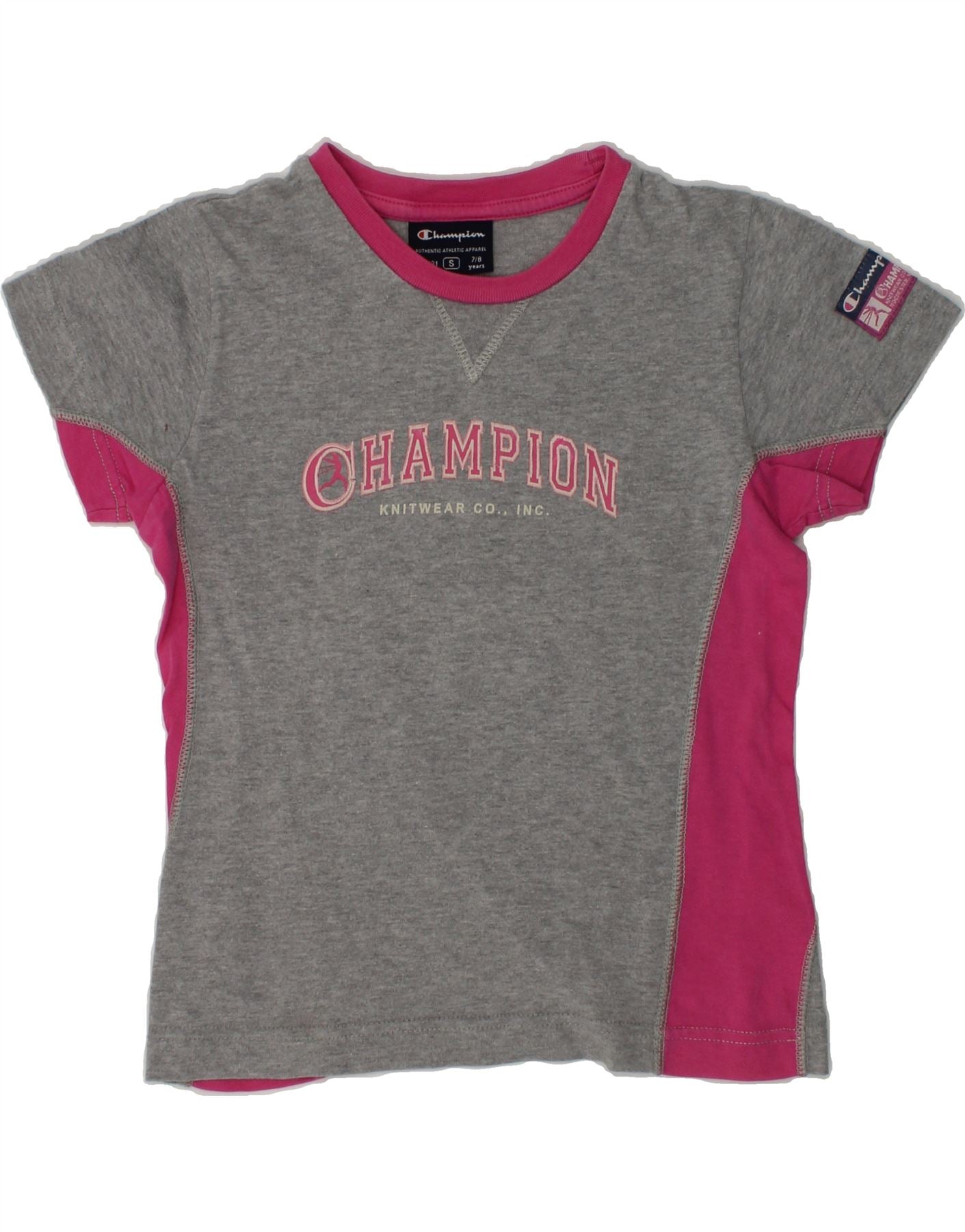 image of CHAMPION Girls Graphic T-Shirt Top 7-8 Years Small  Grey Colourblock