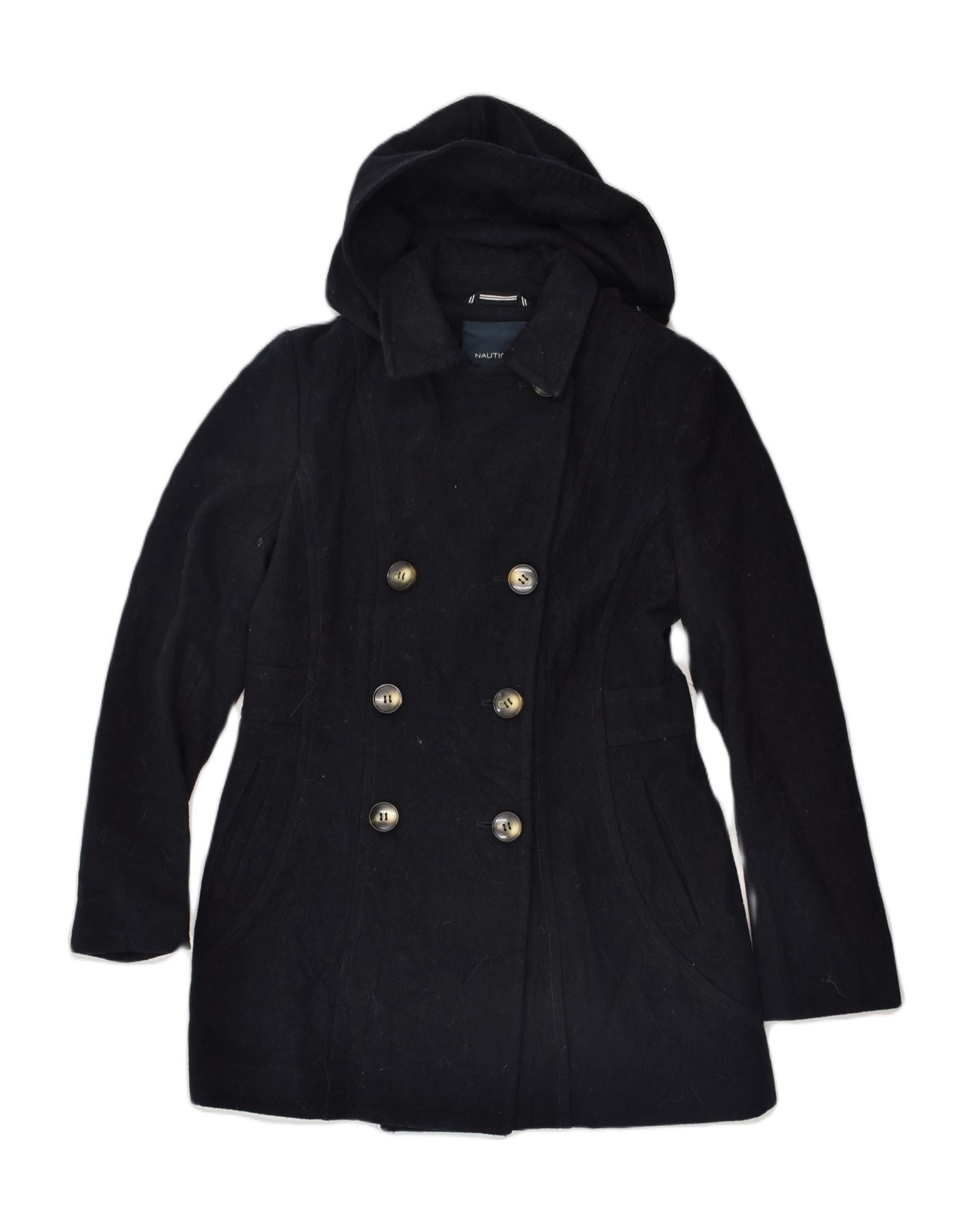 image of NAUTICA Womens Hooded Double Breasted Coat UK 6 XS Navy Blue Wool