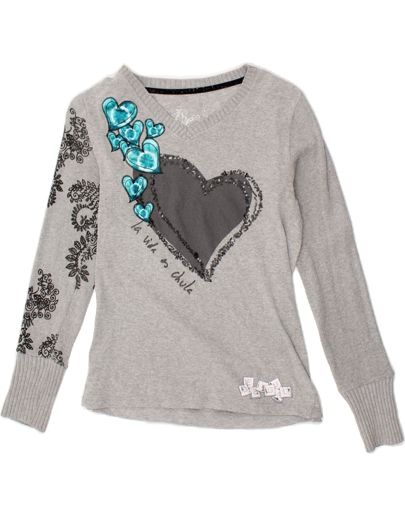 image of DESIGUAL Womens Graphic Top Long Sleeve UK 14 Medium Grey Patchwork