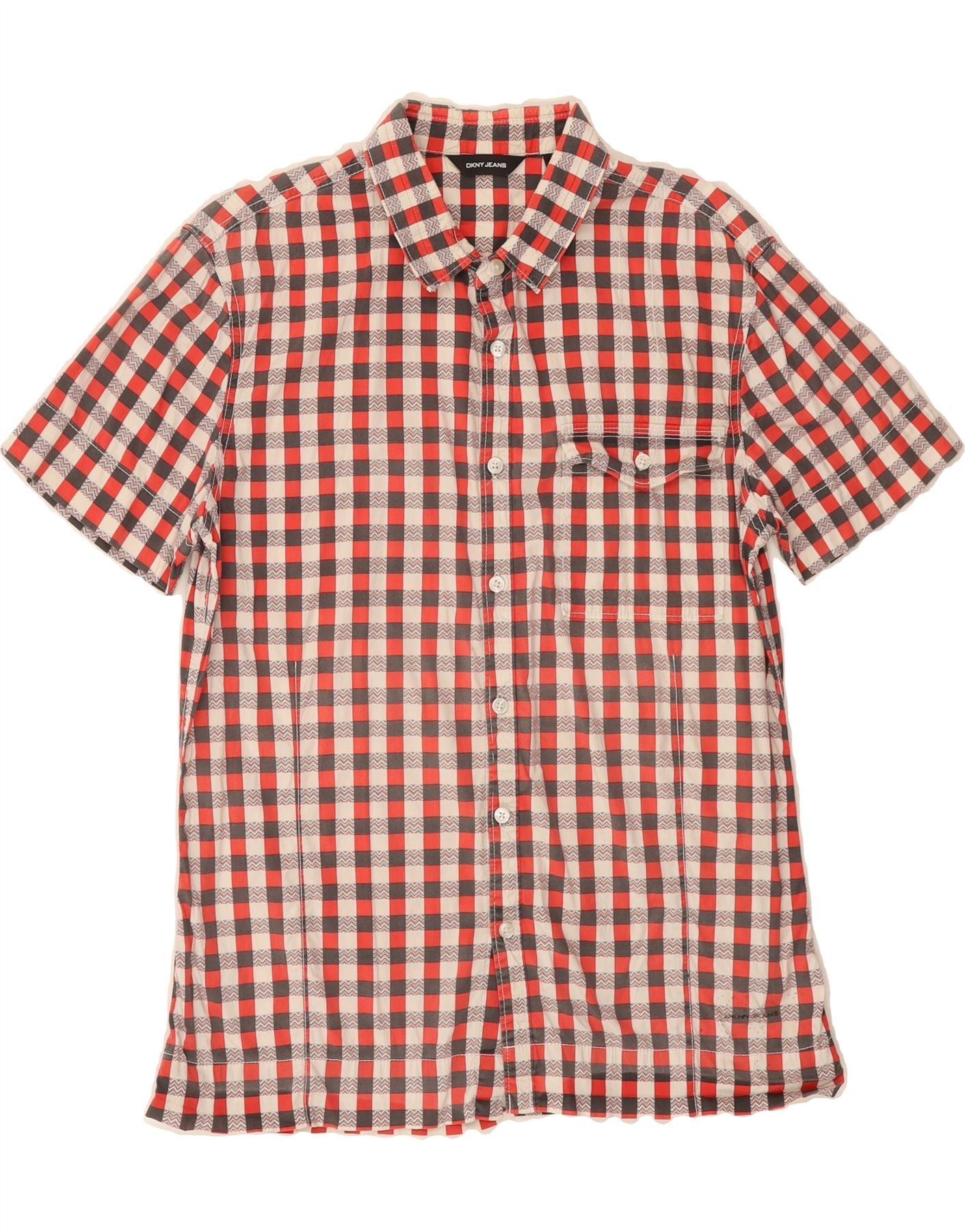 image of DKNY Mens Short Sleeve Shirt Medium Red Check Cotton