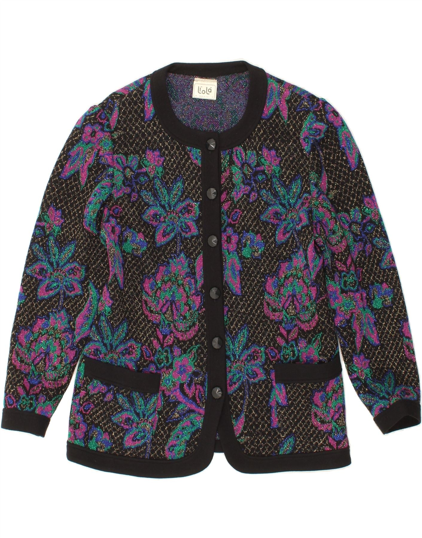 image of LIOLA Womens Cardigan Sweater IT 48 XL Black Floral Wool