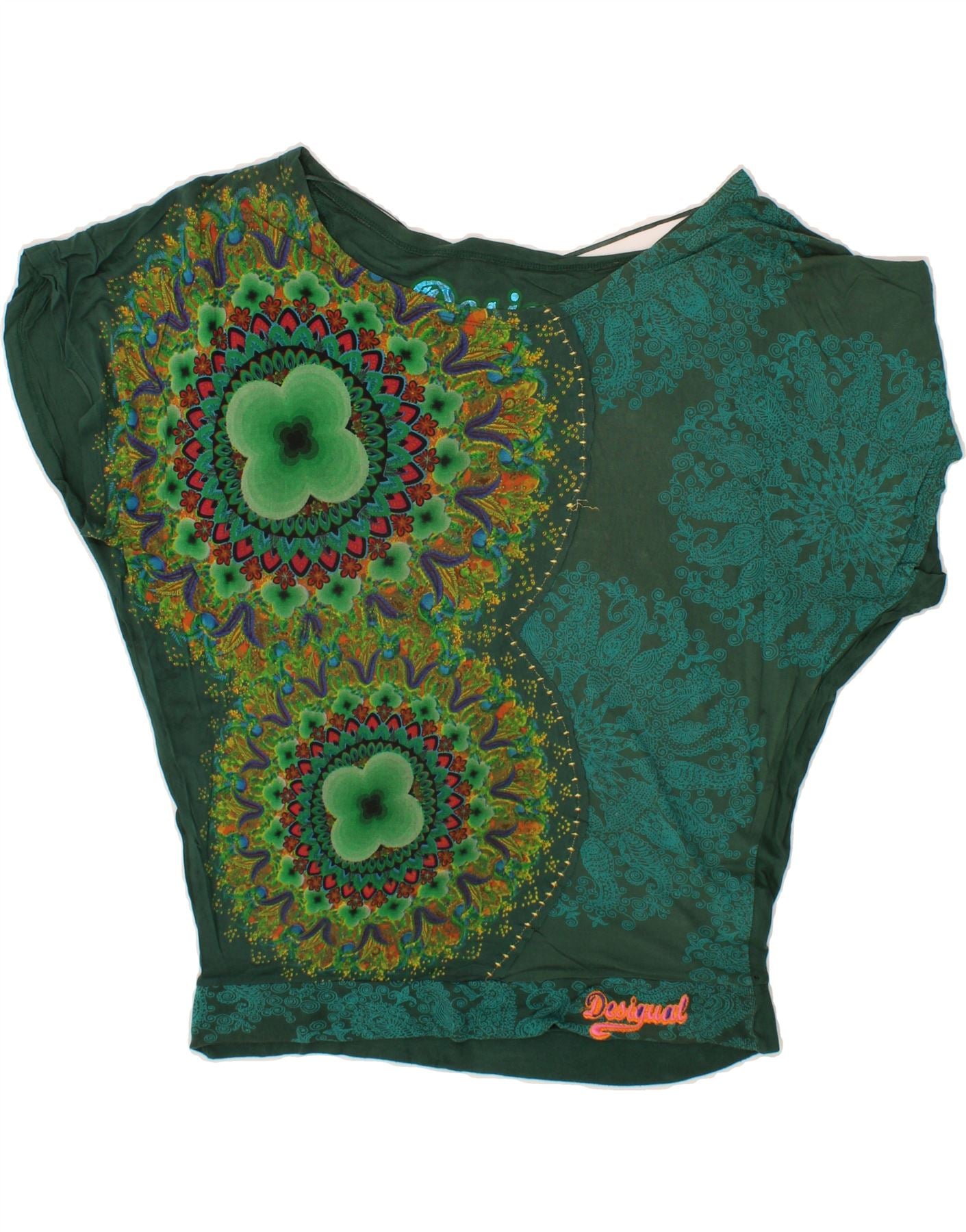 image of DESIGUAL Womens Batwing Blouse Top UK 16 Large Green Paisley Cotton