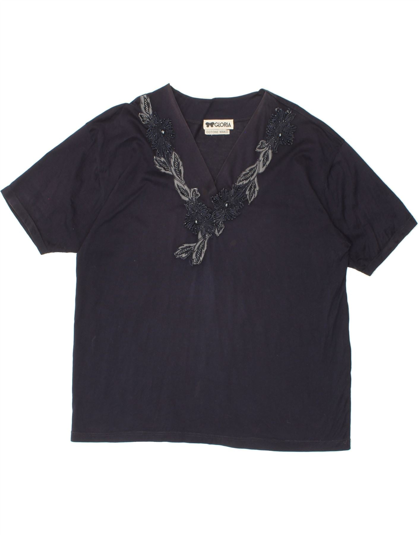 image of GLORIA Womens Blouse Top UK 16 Large Navy Blue Floral Cotton