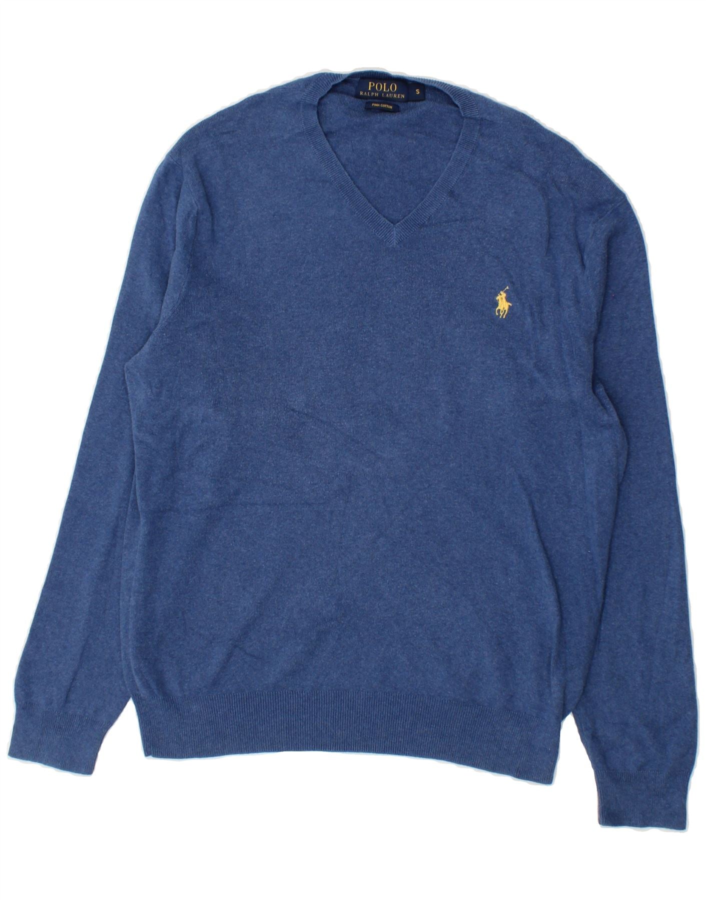 image of POLO RALPH LAUREN Mens V-Neck Jumper Sweater Small Blue Cotton