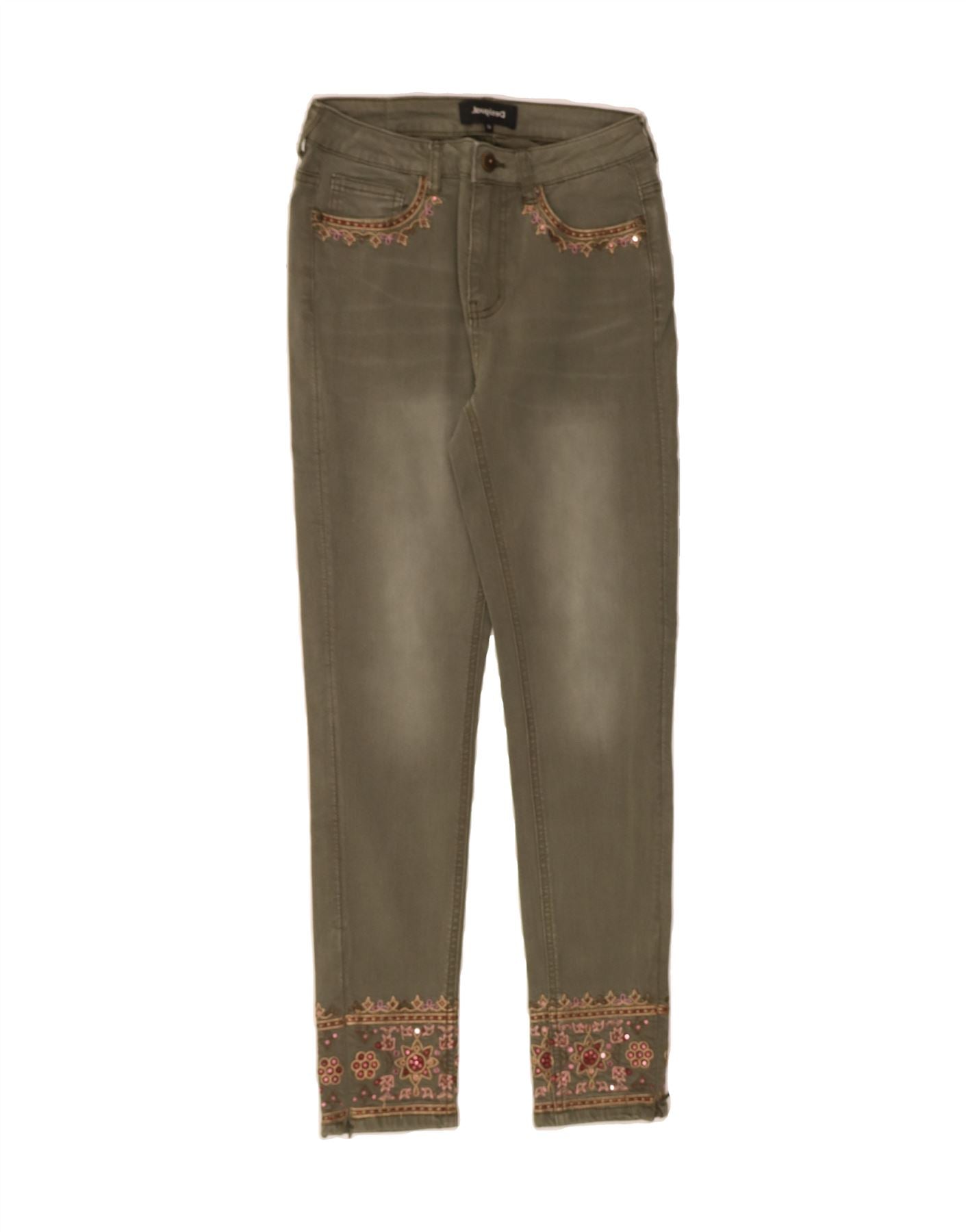 image of DESIGUAL Womens Skinny Jeans EU 36 Small W26 L27 Khaki Floral Cotton