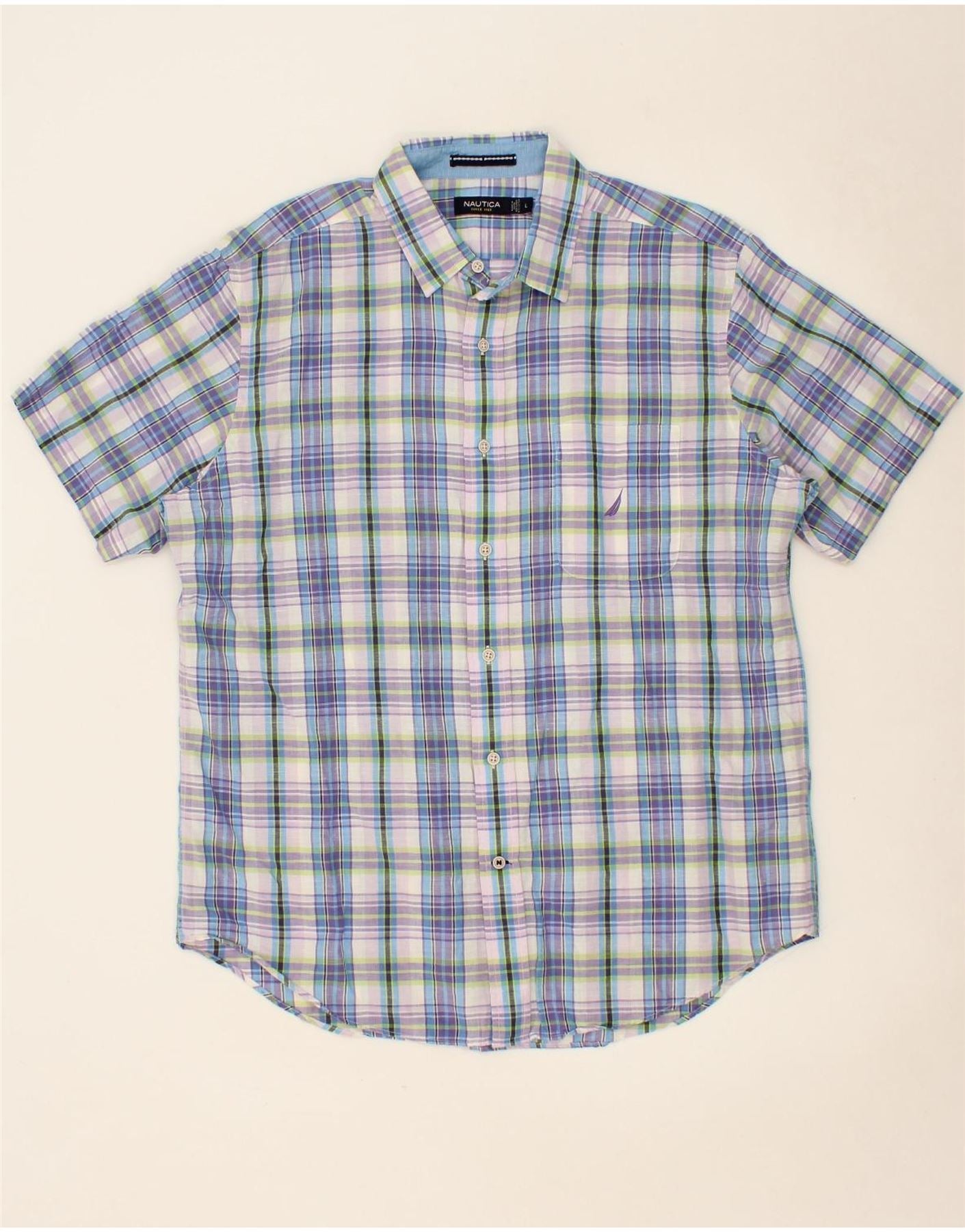 Image of NAUTICA Mens Short Sleeve Shirt Large Blue Check Linen