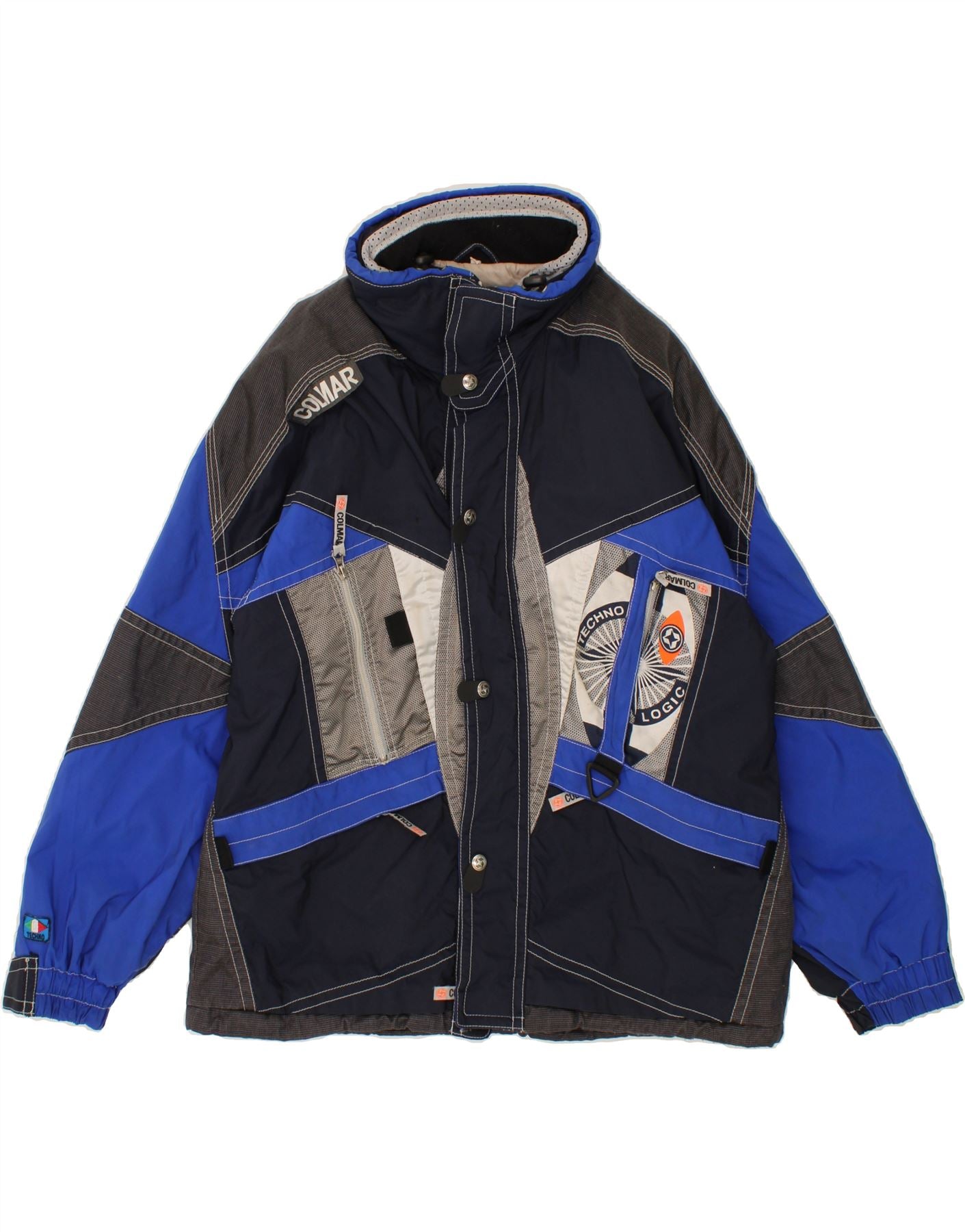 image of COLMAR Mens Hooded Graphic Ski Jacket IT 50 Large Navy Blue Colourblock