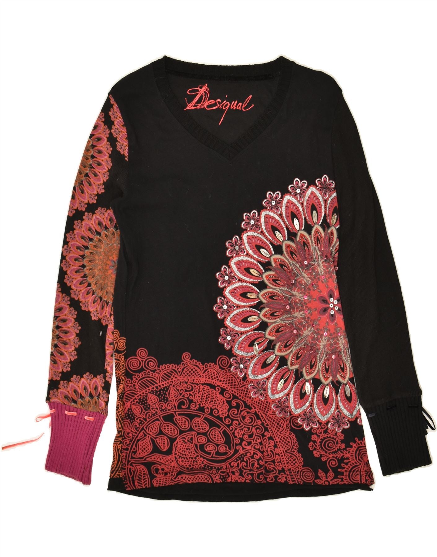 image of DESIGUAL Womens Top Long Sleeve UK 18 XL Black Floral Cotton