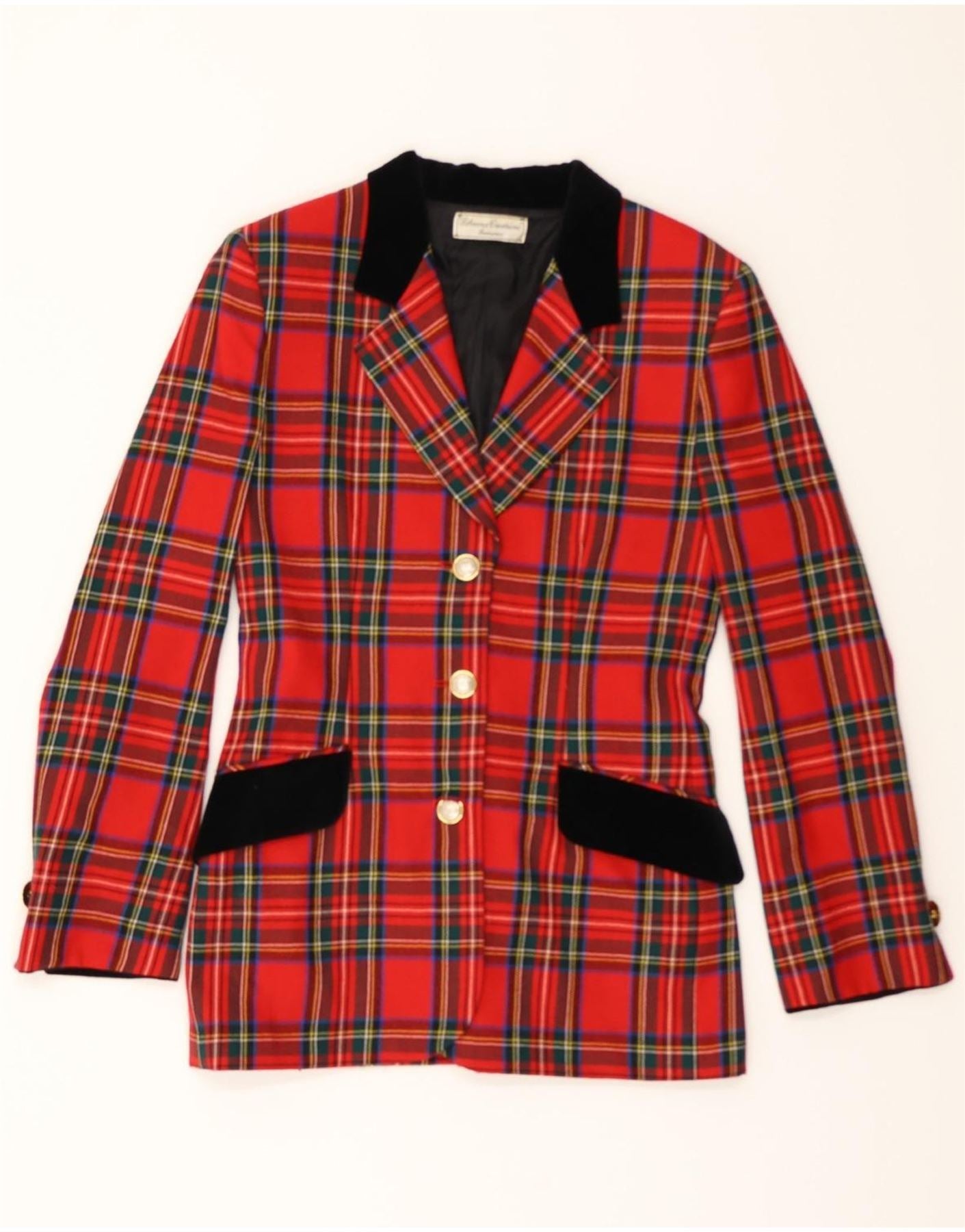 image of VINTAGE Womens 3 Button Blazer Jacket UK 10 Small Red Plaid