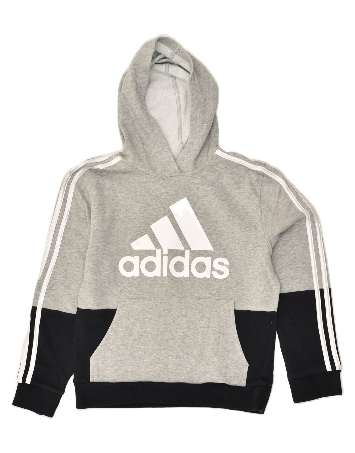 ADIDAS Boys Graphic Hoodie Jumper 10-11 Years Grey Colourblock Cotton