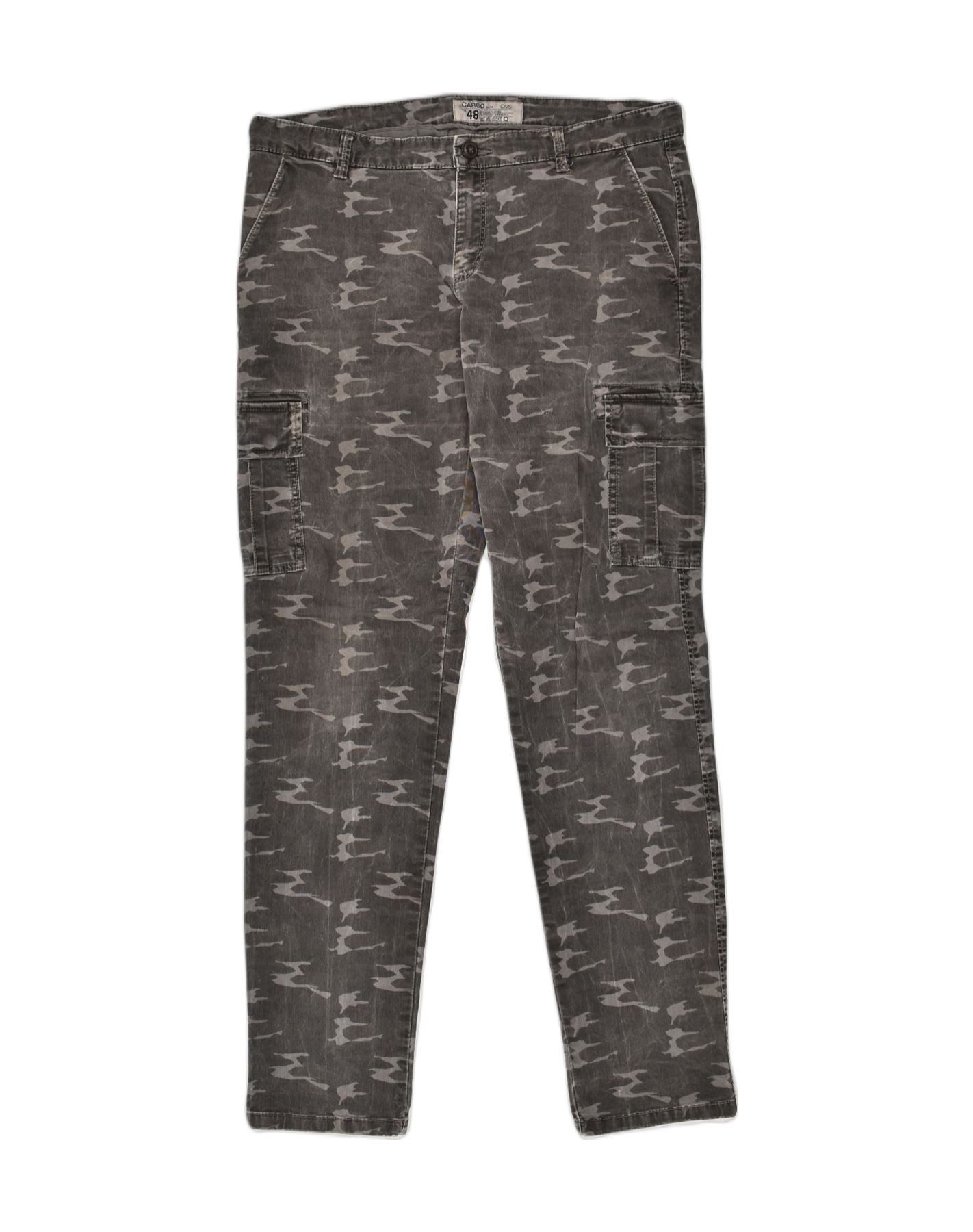 image of OVS Mens Slim Cargo Trousers IT 48 Medium W36 L32 Grey Camouflage Cotton