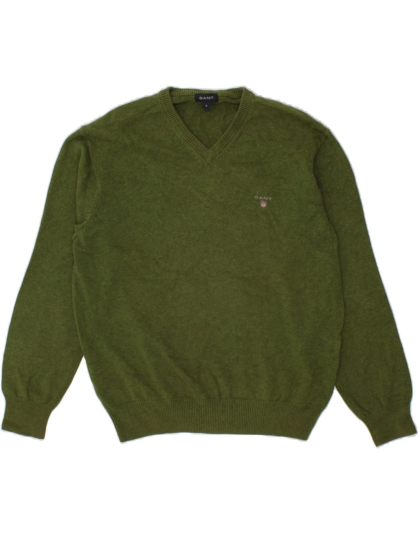 Image of GANT Mens V-Neck Jumper Sweater Medium Green Cotton