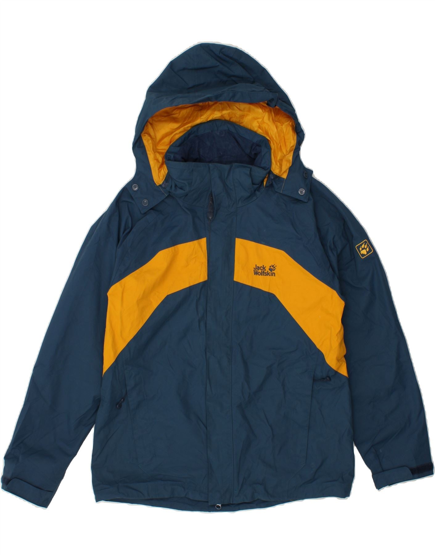 image of JACK WOLFSKIN Mens Hooded Rain Jacket  UK 34 XS Navy Blue Colourblock