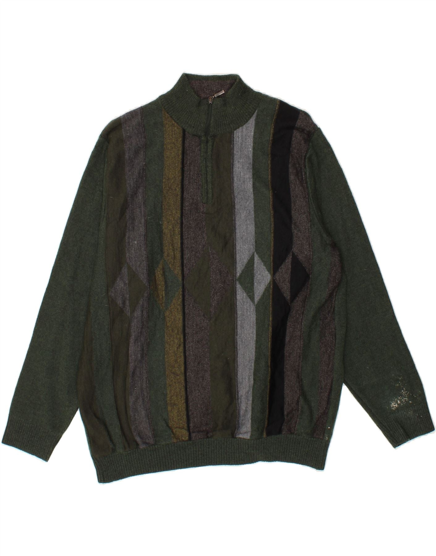 Image of VINTAGE Mens Zip Neck Jumper Sweater Large Green Striped