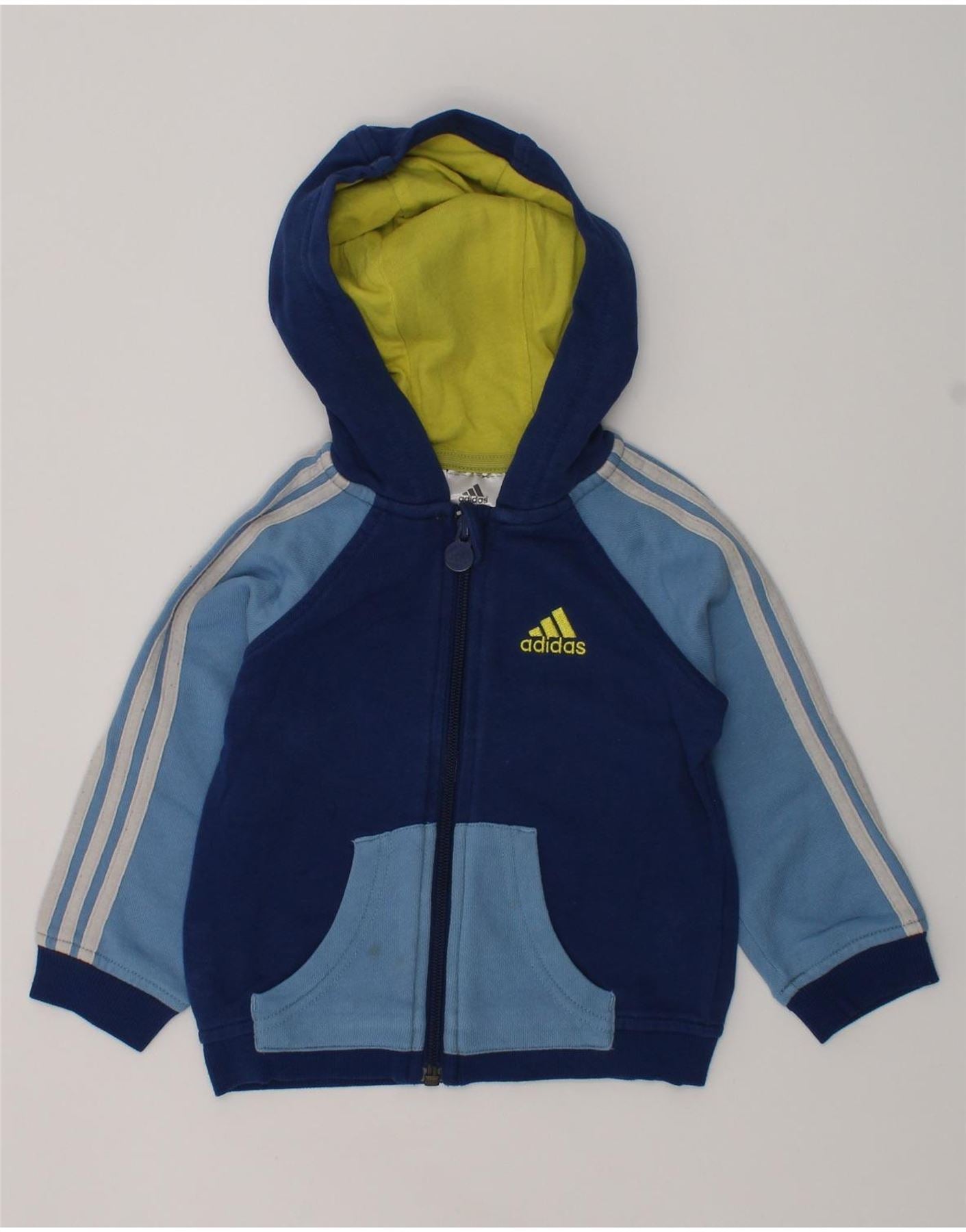 ADIDAS Baby Boys Zip Hoodie Sweater 9-12 Months Blue Colourblock Cotton