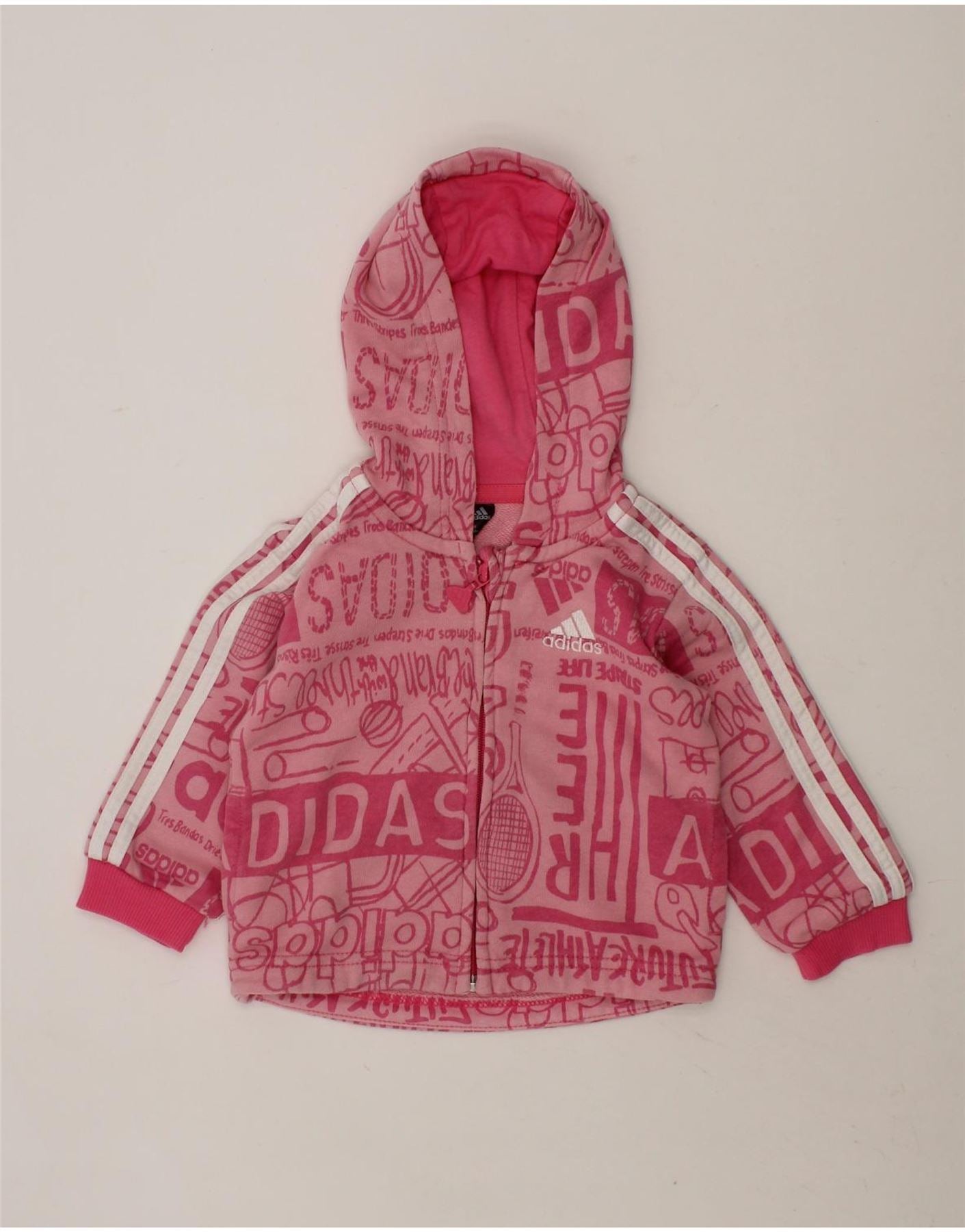 image of ADIDAS Baby Girls Graphic Zip Hoodie Sweater 3-6 Months Pink Cotton