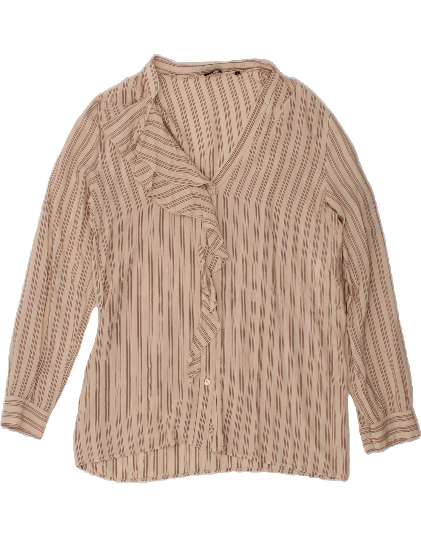 image of EMME Womens Ruffle Front Shirt Blouse EU 40 Medium Beige Striped