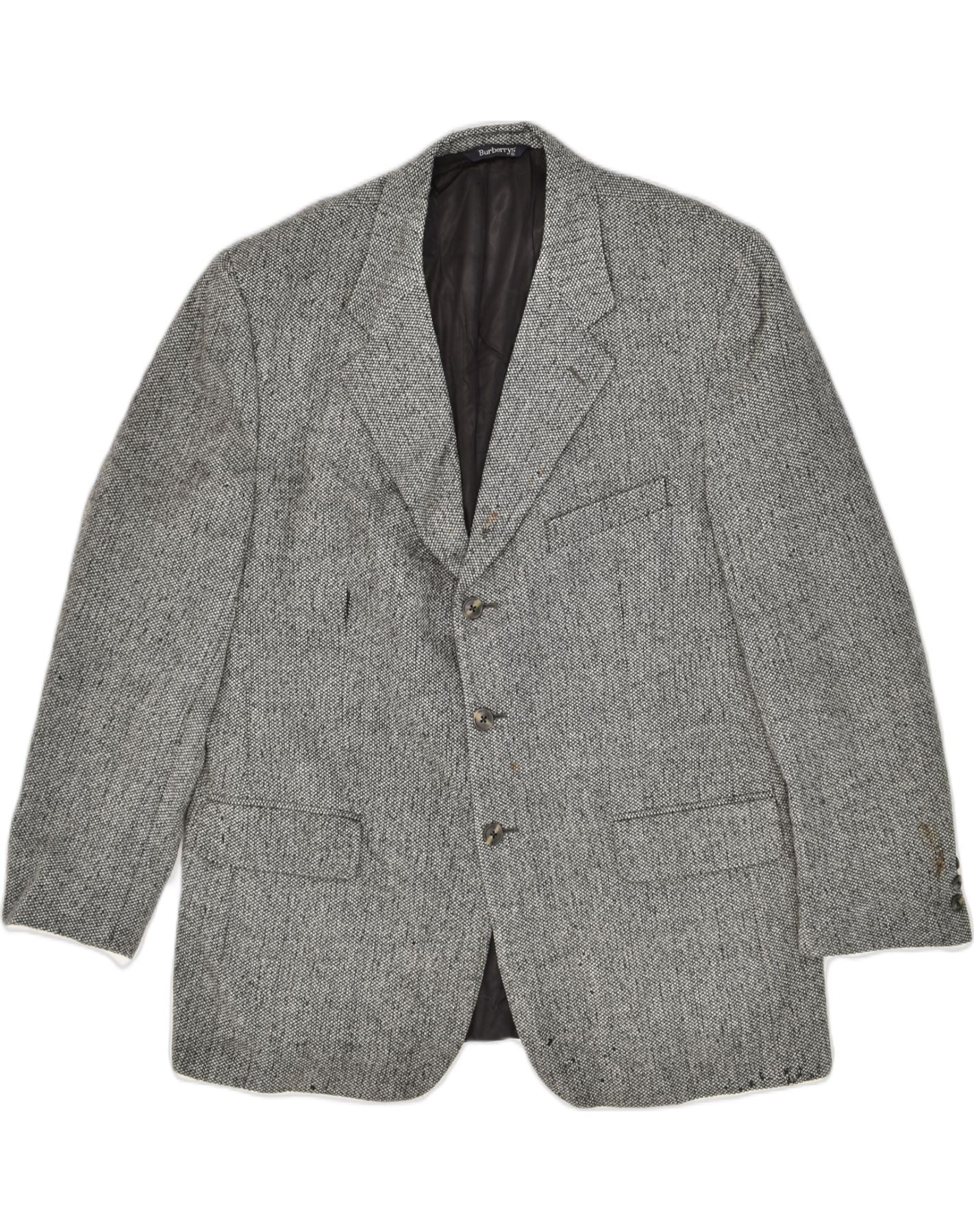 image of BURBERRYS Mens 3 Button Blazer Jacket UK 42 XL Grey Flecked Wool