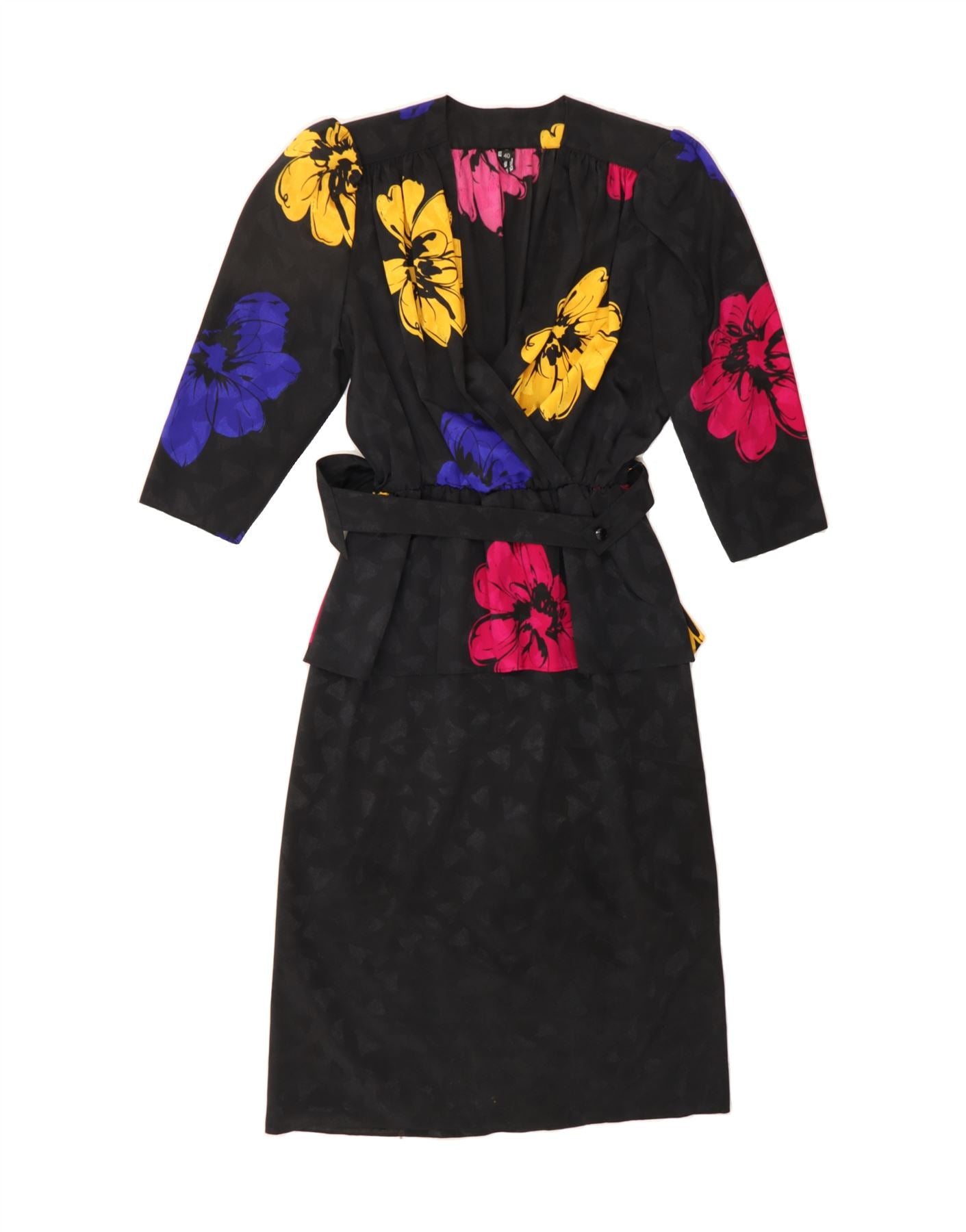 image of VINTAGE Womens 3/4 Sleeve Peplum Dress EU 40 Medium Black Floral Polyester