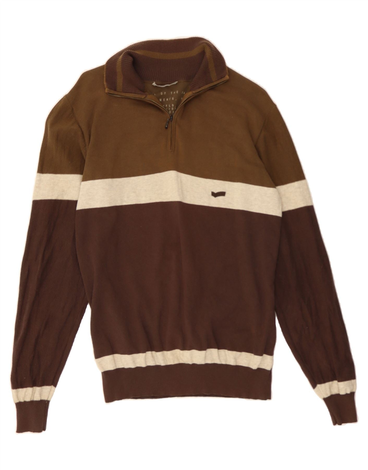 image of GAS Mens Zip Neck Jumper Sweater Medium Brown Colourblock Cotton