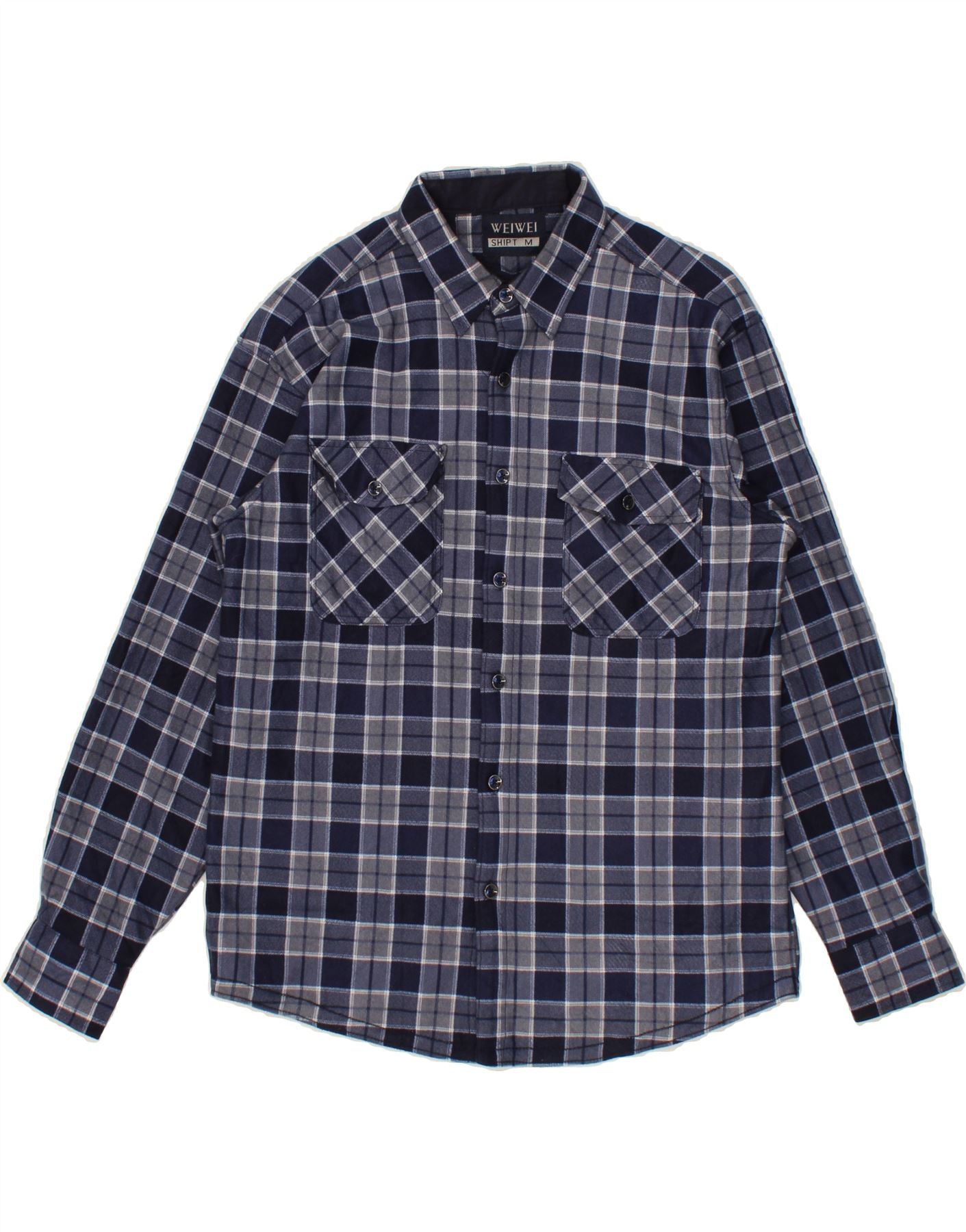 image of VINTAGE Mens Flannel Shirt Medium Navy Blue Check Cotton