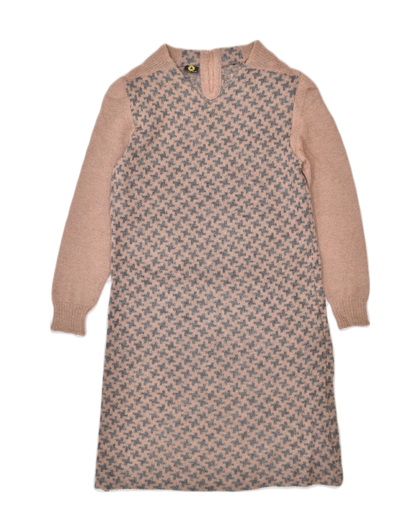 image of VINTAGE Womens Knit Shift Dress UK 14 Medium Brown Houndstooth