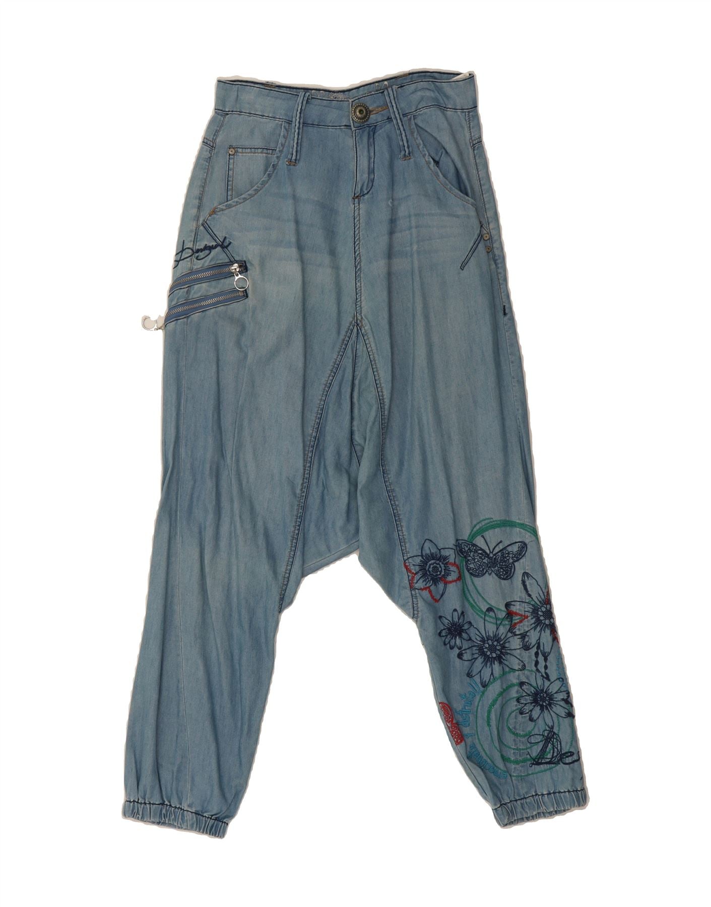 image of DESIGUAL Womens Drop Crotch Harem Trousers W24 L20 Blue Floral Polyester