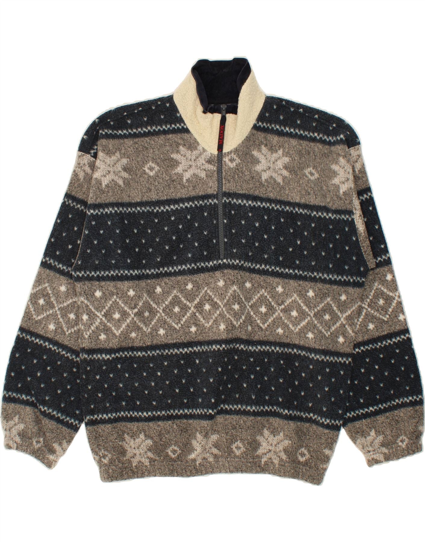 image of FORT & MADOX Mens Zip Neck Fleece Jumper Large Navy Blue Fair Isle