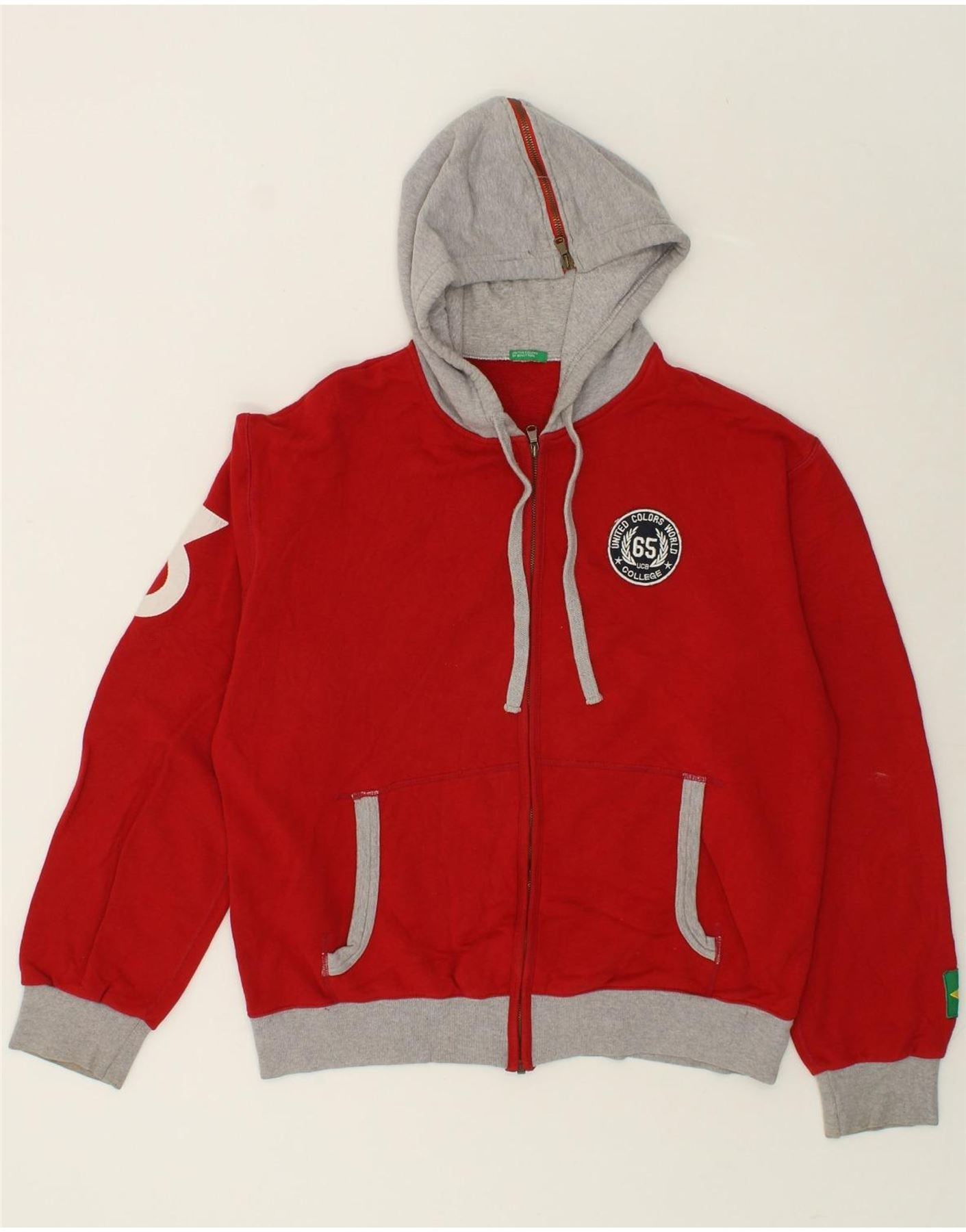 Image of BENETTON Mens Graphic Zip Hoodie Sweater Large Red Colourblock Cotton