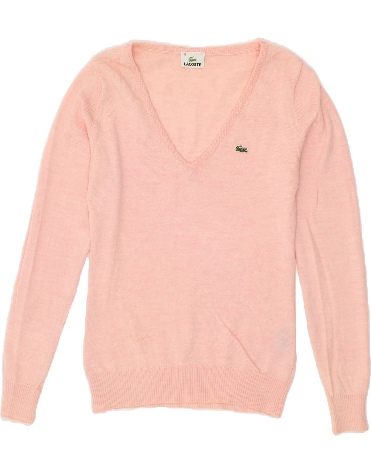 image of LACOSTE Womens V-Neck Jumper Sweater Size 38 Medium Pink New Wool