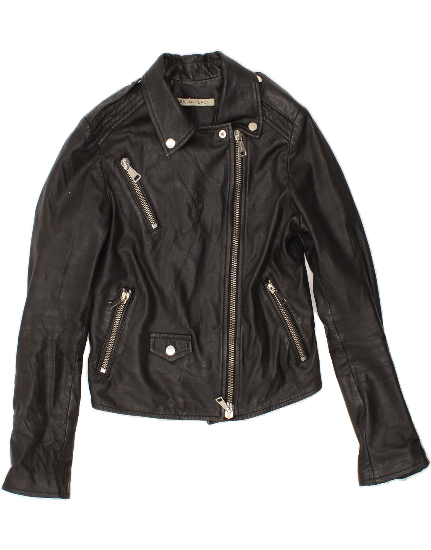 Image of SILVIAN HEACH Womens Crop Leather Biker Jacket UK 10 Small Black Leather