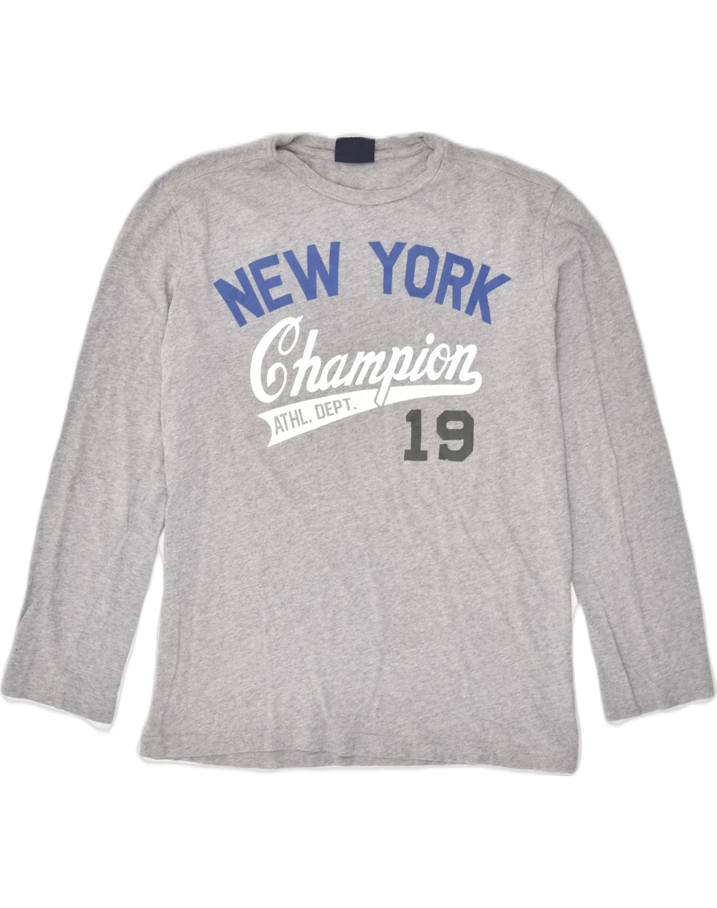image of CHAMPION Mens New York Graphic Top Long Sleeve Small Grey Cotton