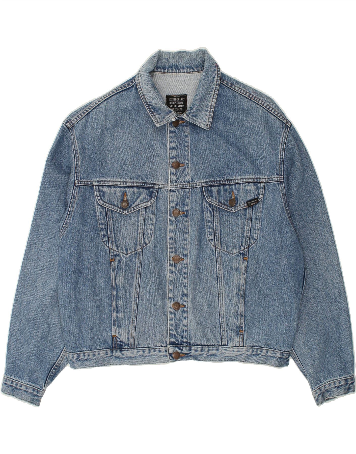 image of BENETTON Mens Denim Jacket IT 46 Small Blue Cotton