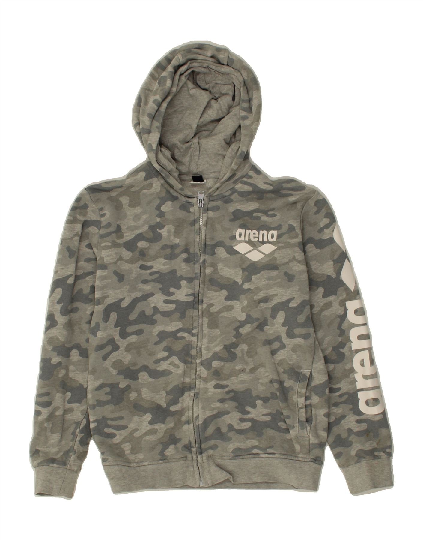 image of ARENA Boys Graphic Zip Hoodie Sweater 9-10 Years Grey Camouflage Cotton