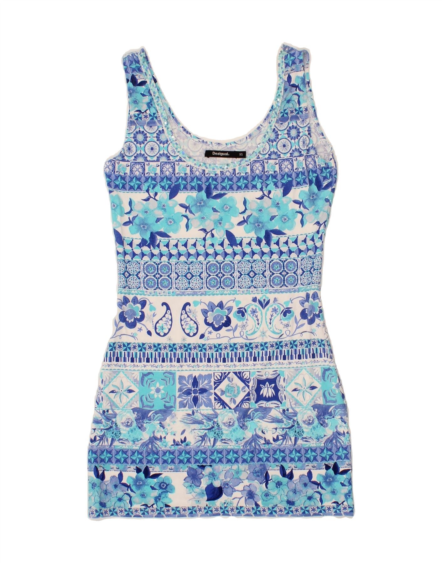 image of DESIGUAL Womens Sleeveless Sheath Dress UK 6 XS Blue Floral Cotton