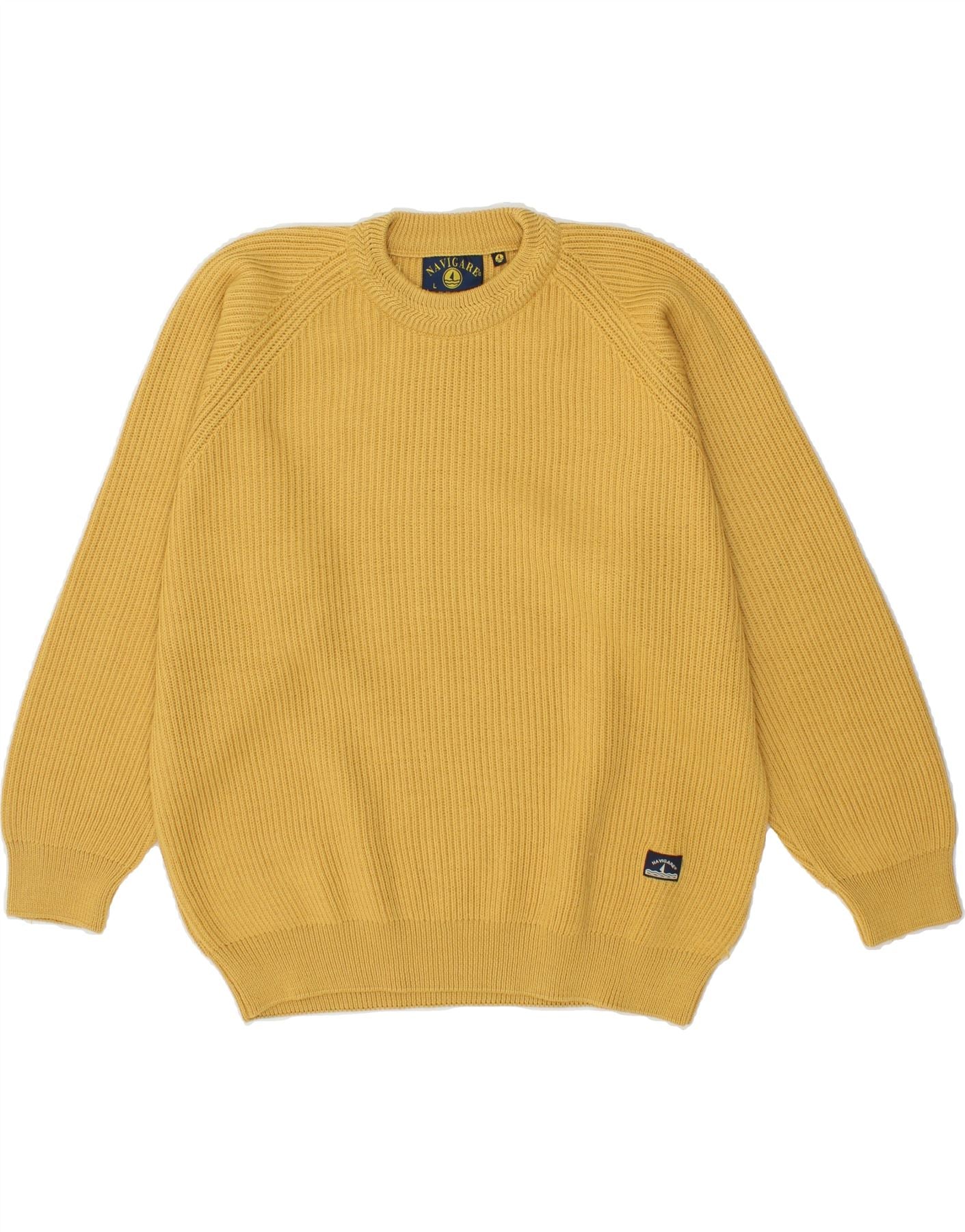 Image of NAVIGARE Mens Crew Neck Jumper Sweater Large Yellow Virgin Wool