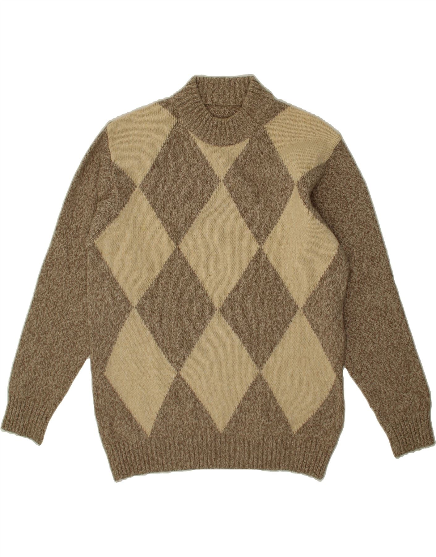 image of VINTAGE Mens Turtle Neck Jumper Sweater Large Beige Argyle/Diamond