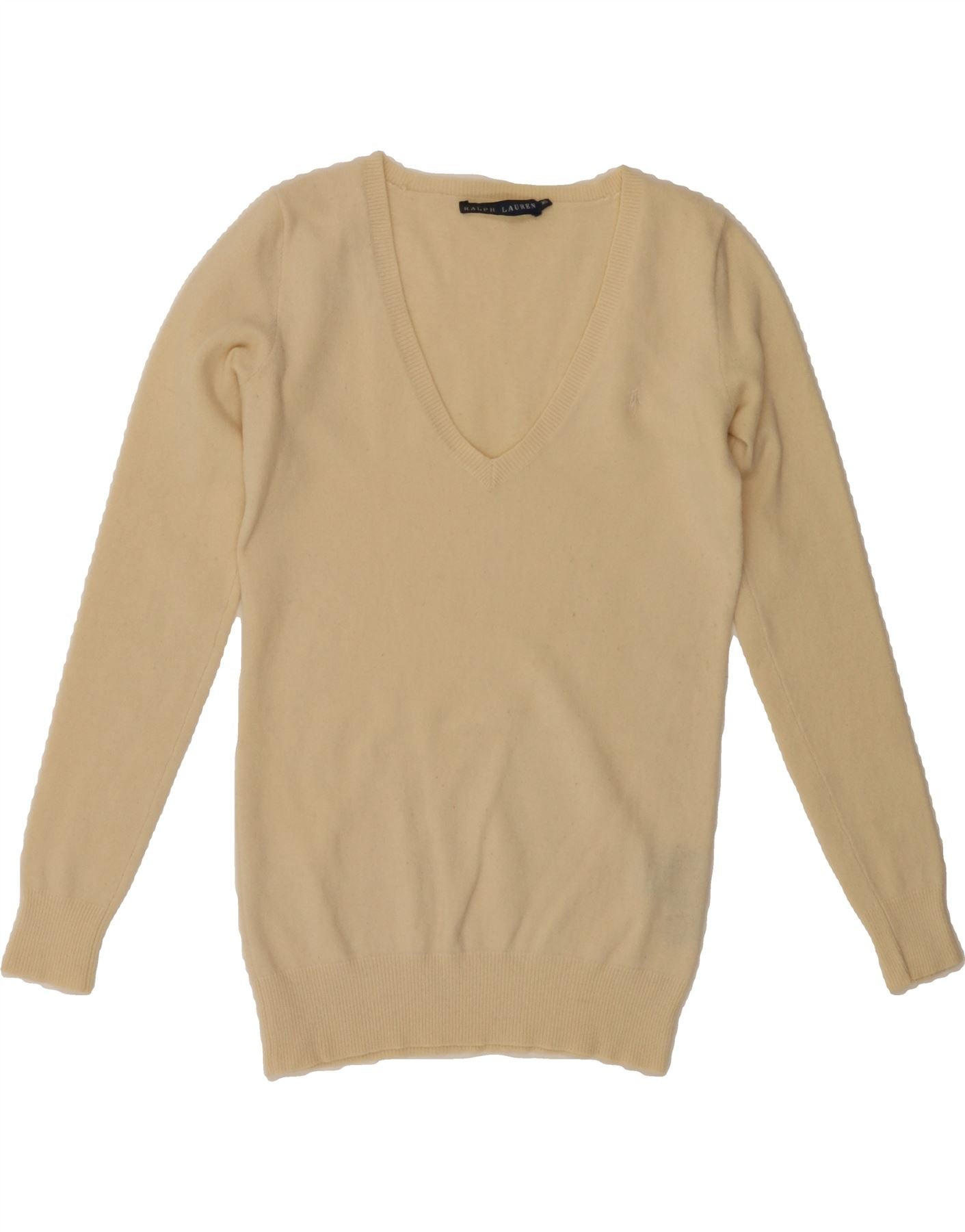 image of RALPH LAUREN Womens V-Neck Jumper Sweater UK 6 XS Beige Wool