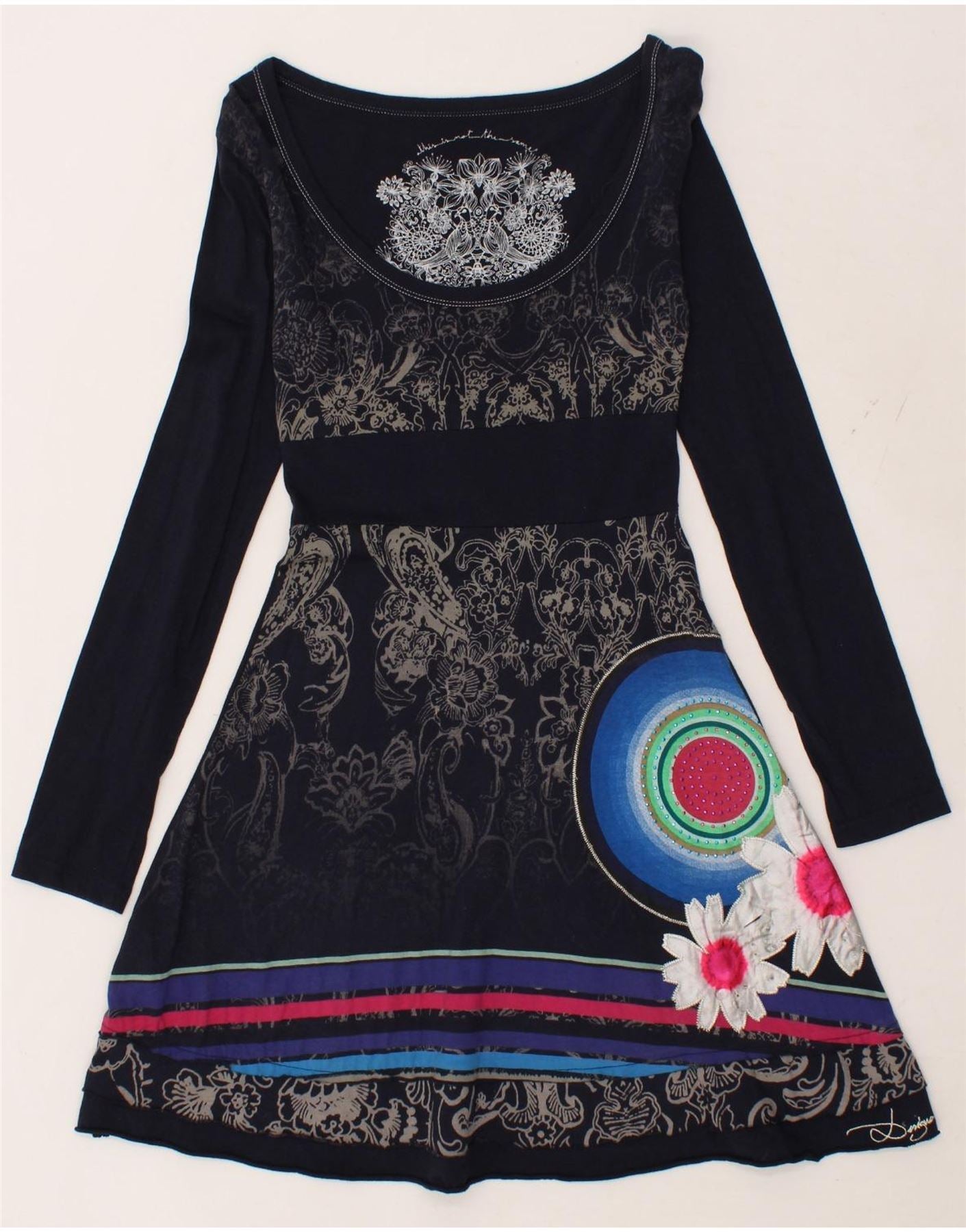image of DESIGUAL Womens Long Sleeve A-Line Dress UK 8 Small Navy Blue Paisley
