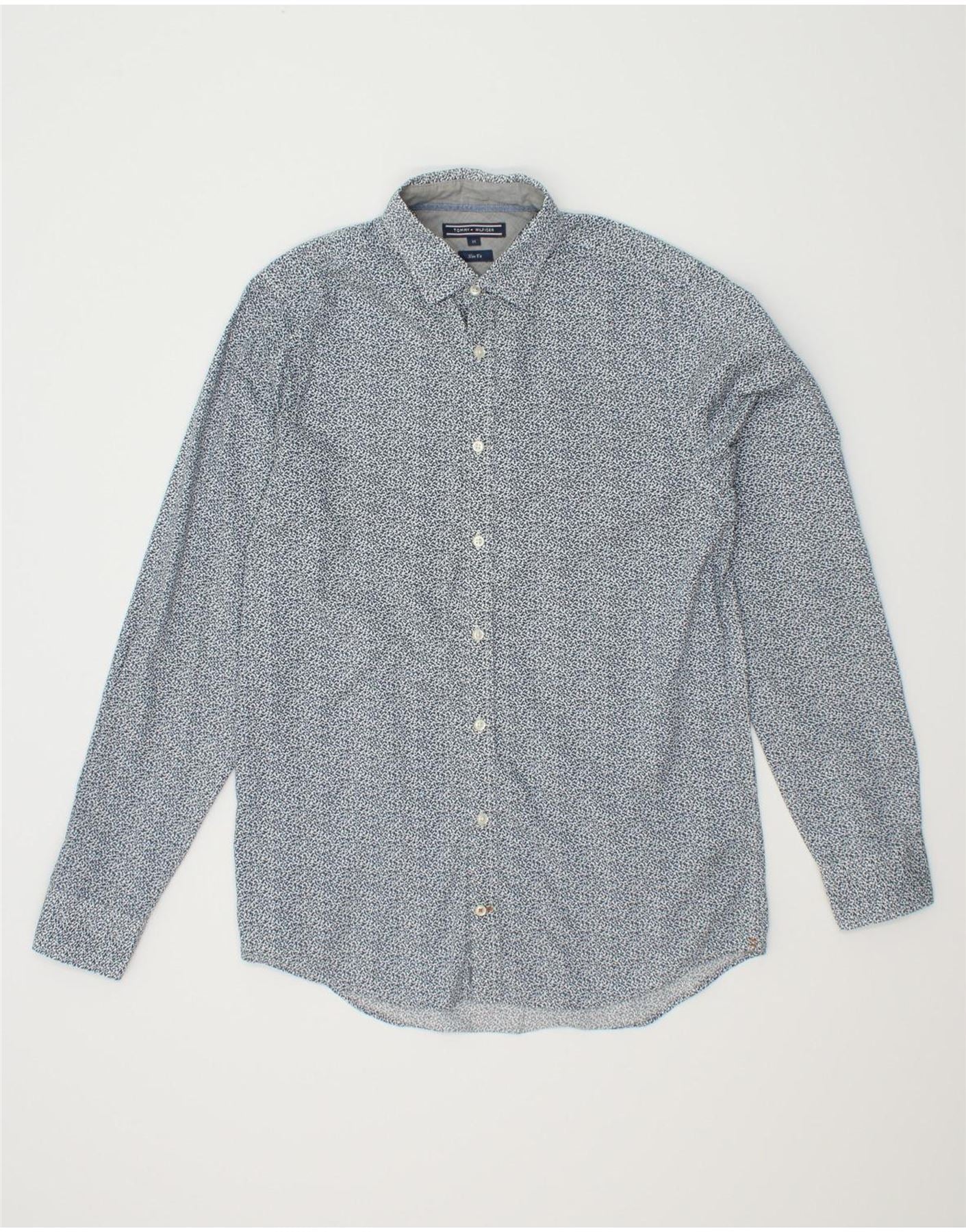 image of TOMMY HILFIGER Mens Abstract Pattern Slim Fit Shirt Medium Blue Cotton
