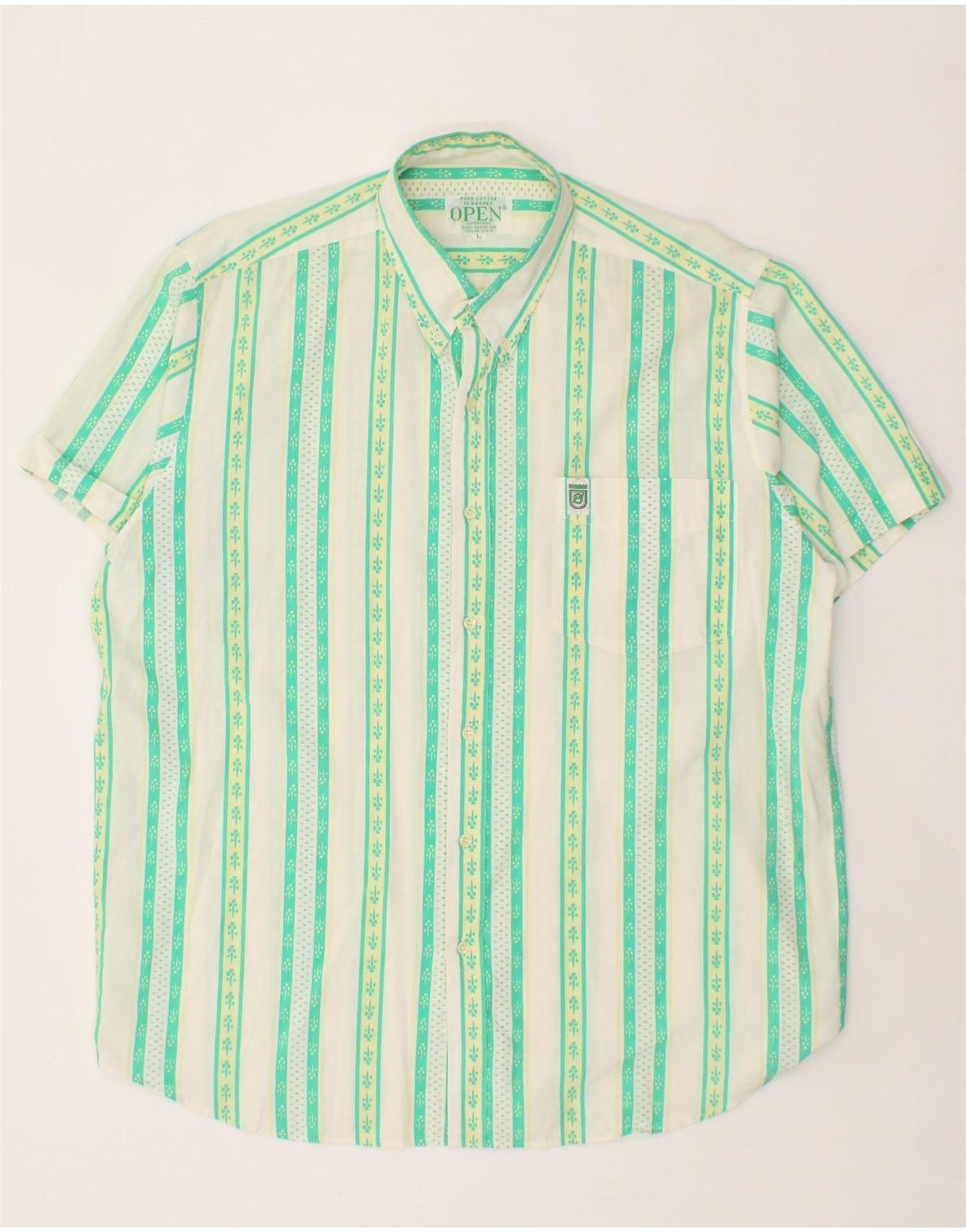 image of VINTAGE Mens Short Sleeve Shirt Large Green Striped Cotton