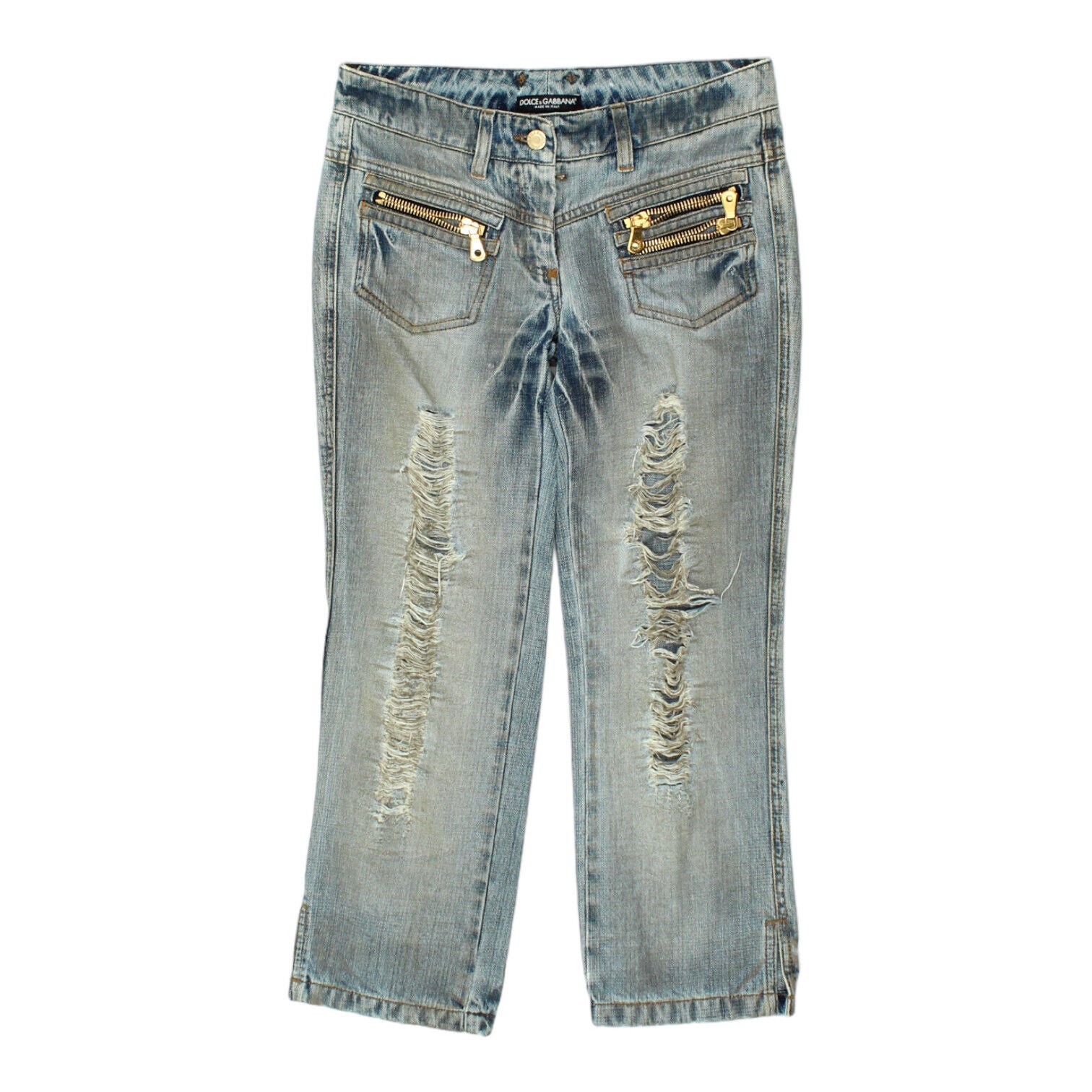 image of Dolce & Gabbana Womens Blue Distressed Low Rise Cropped Jeans | Designer Denim