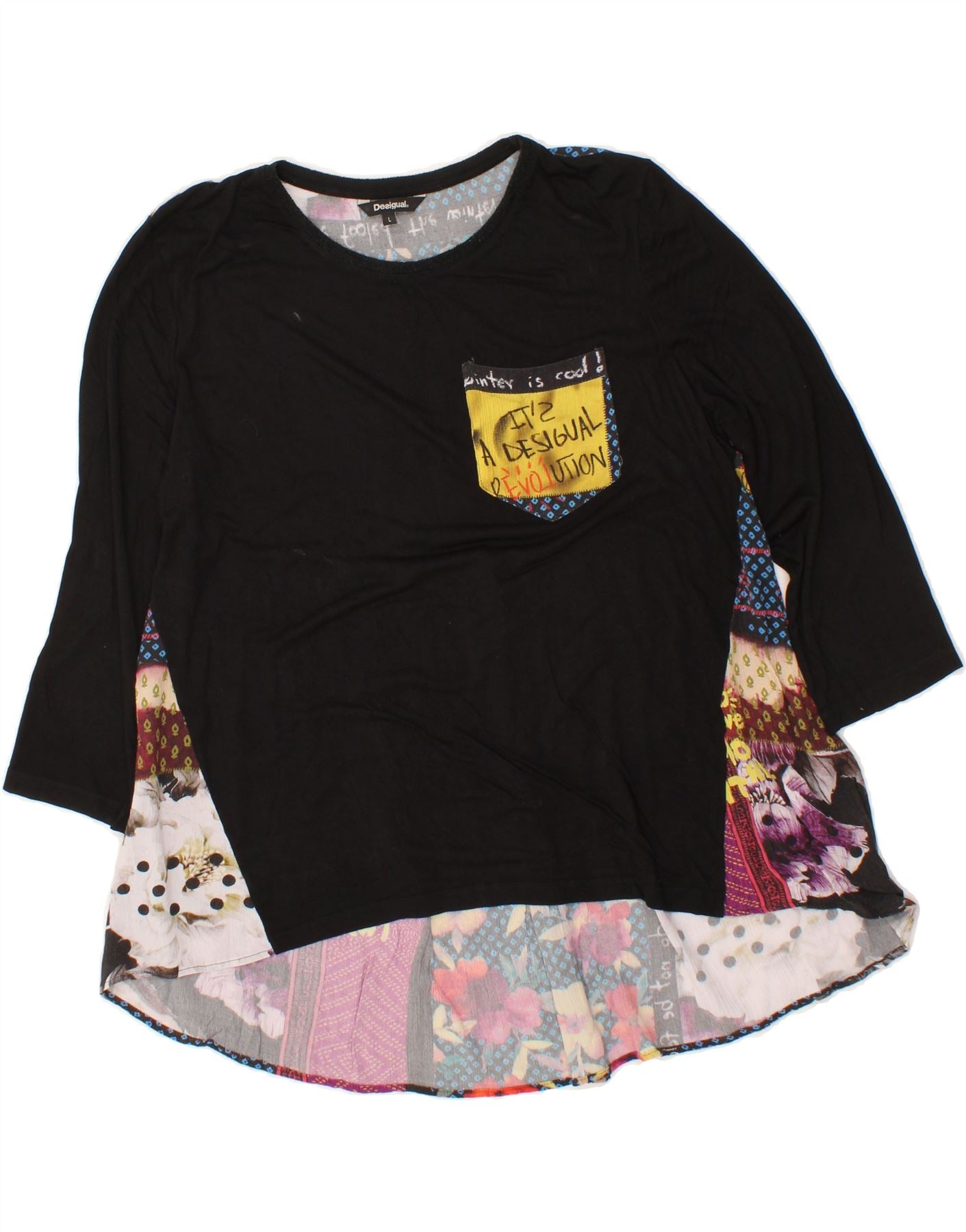 Image of DESIGUAL Womens Graphic Top 3/4 Sleeve UK 16 Large Black Floral