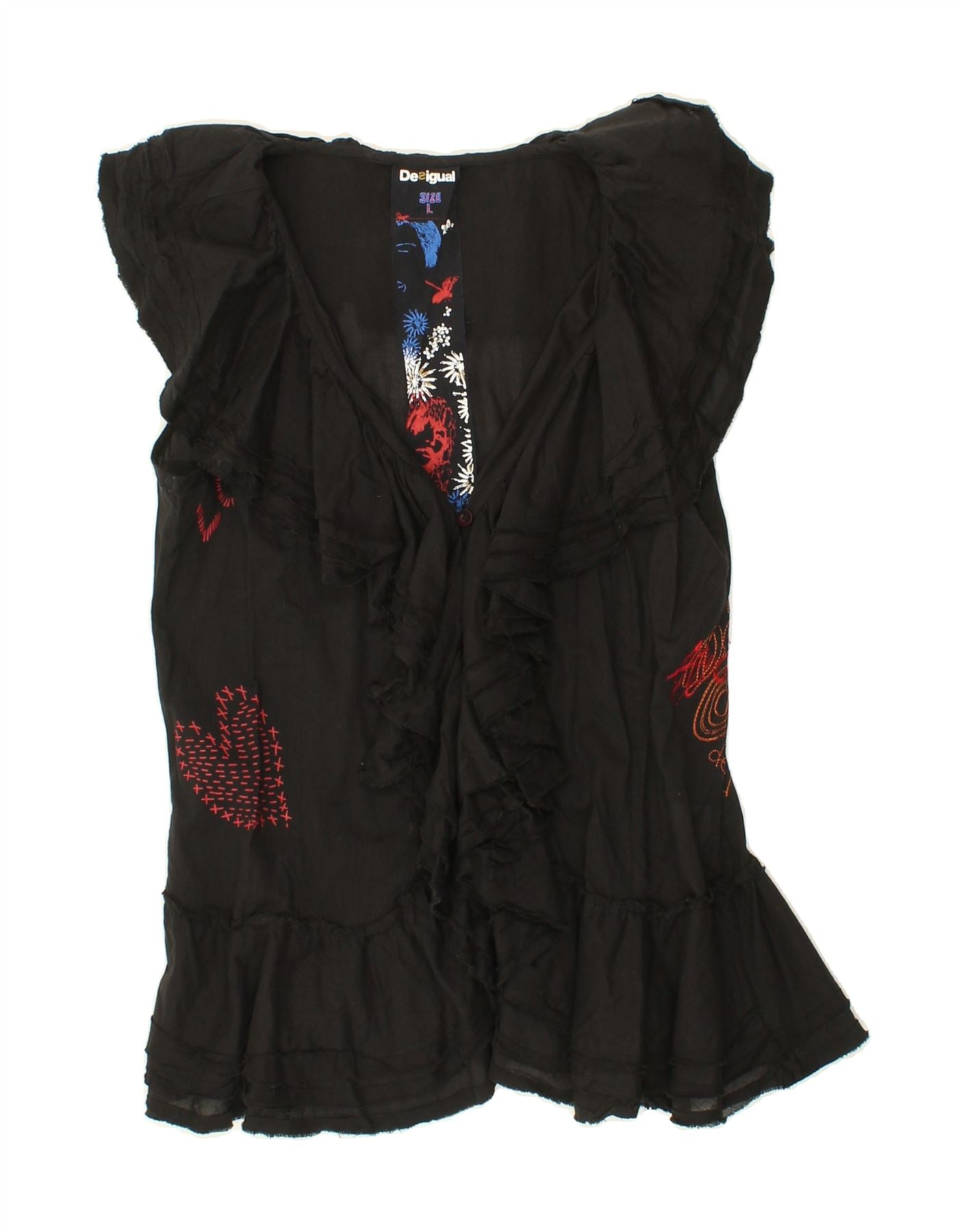 image of DESIGUAL Womens Short Sleeve Ruffle Front Shirt Blouse UK 14 Large Black